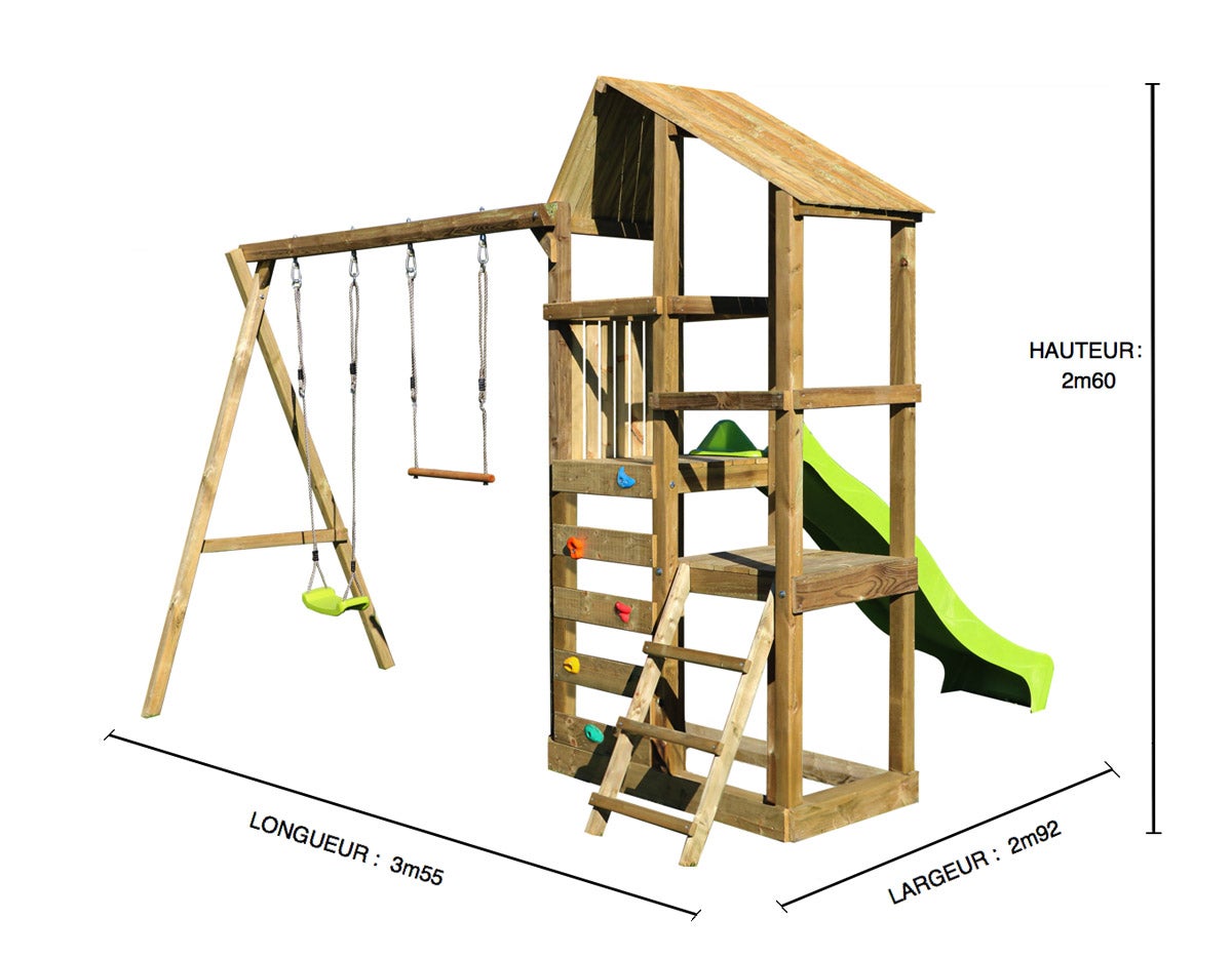 Kangui - Tour de jeux en bois avec double plateformes WOUPI - 2 Balançoires, mur d'escalade et cabane - 5