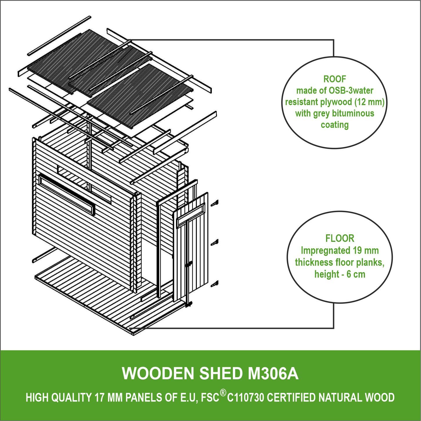 Caseta de madera caseta de jardín TIMBELA M306A + M306G B144xL239xH198 cm/ 2,63 m2 caseta de almacenamiento para jardín - 8