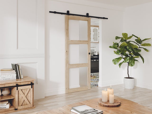 Porte coulissante avec système en applique en bois et verre trempé dépoli - 3 fenêtres - H205 x L63 cm - ACOSTA II