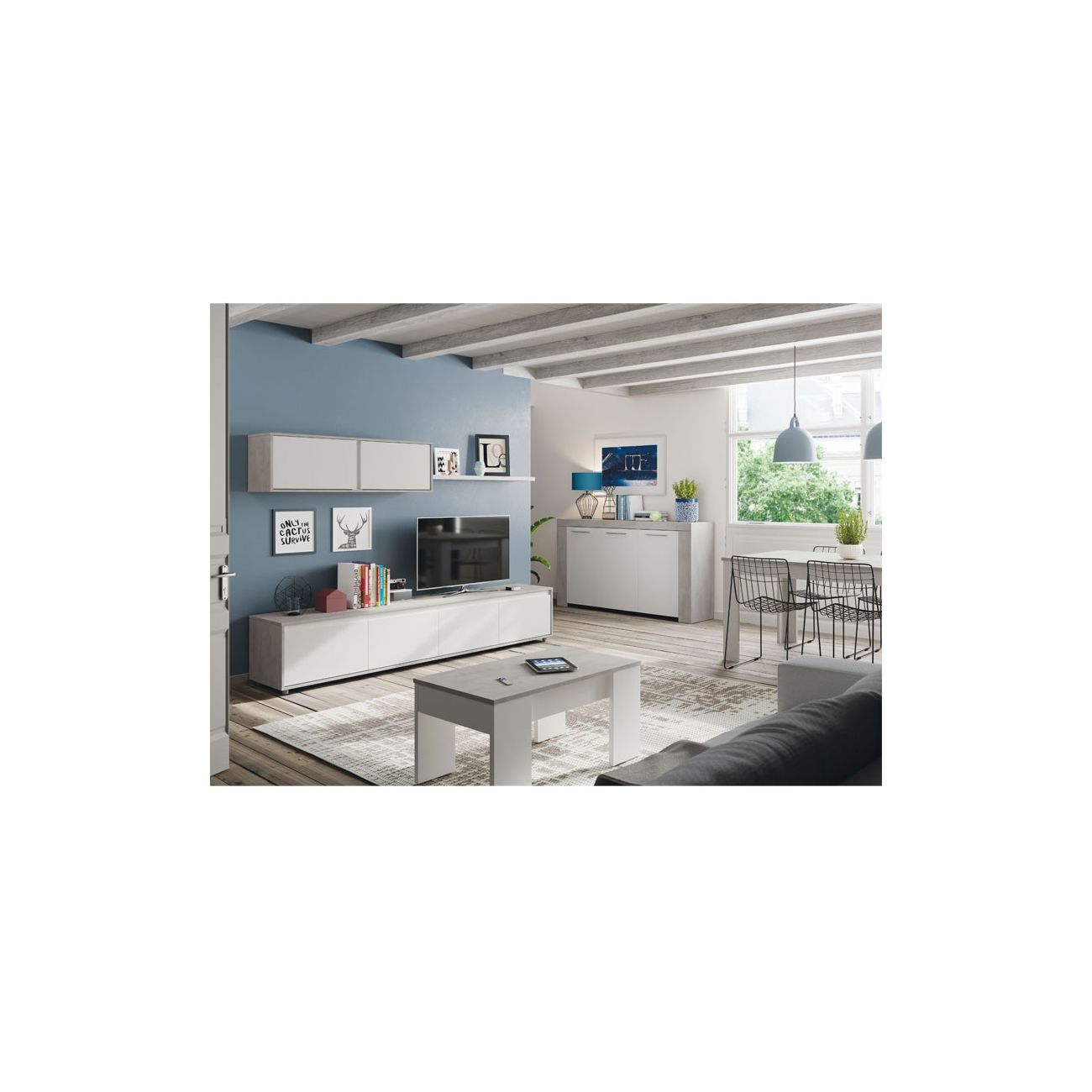 Table basse GOTHAM avec plateau relevable et rangement - Blanc / Béton - 7