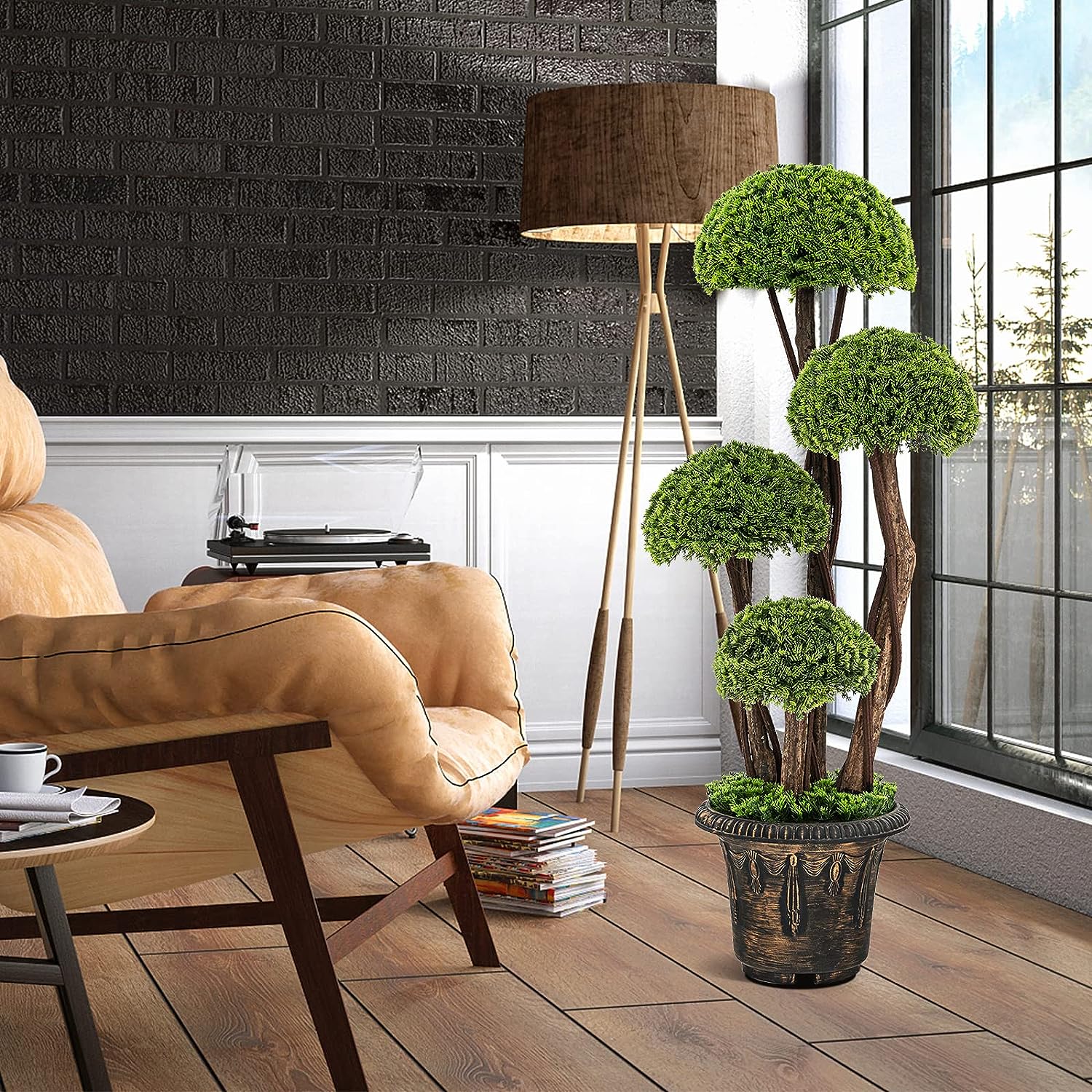 Albero Artificiale 90 CM, Cipresso Finto da Interno ed Esterno con Tronco in Rattan e Vaso Riempito di Cemento, Pianta Artificiale Realistica - 2