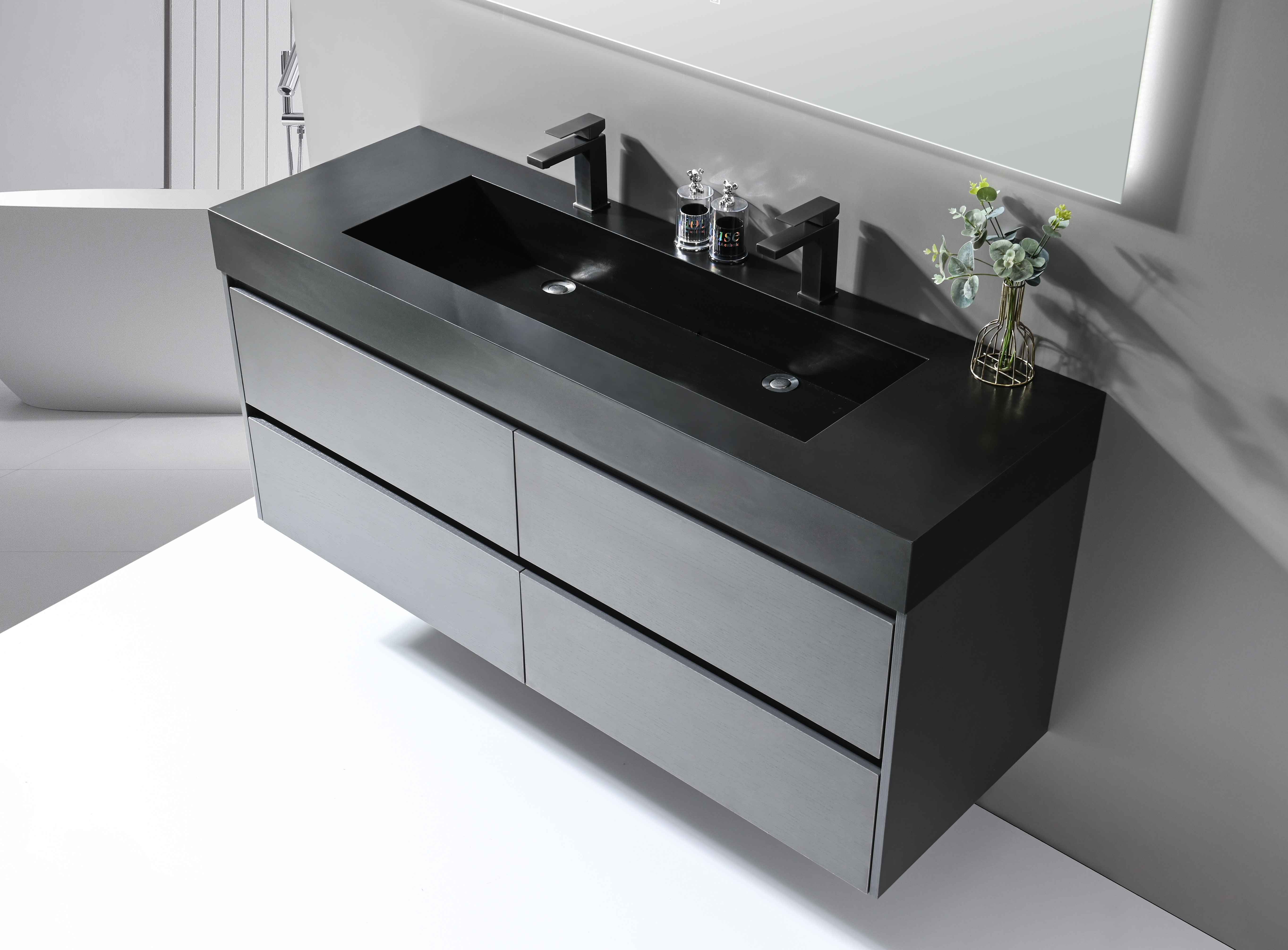 LuxuryBain- Meuble de salle de bain double vasque 150cm gris et noir avec miroir LED LB-8476S - 3
