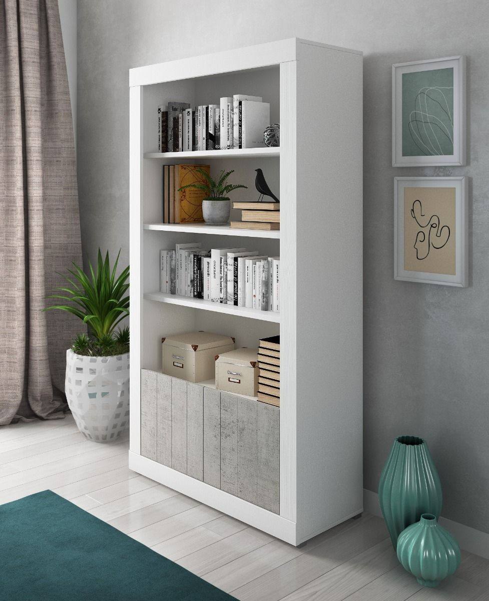 Libreria Con Ante E Serratura - Bianco E Cemento, 79x34x188 Cm