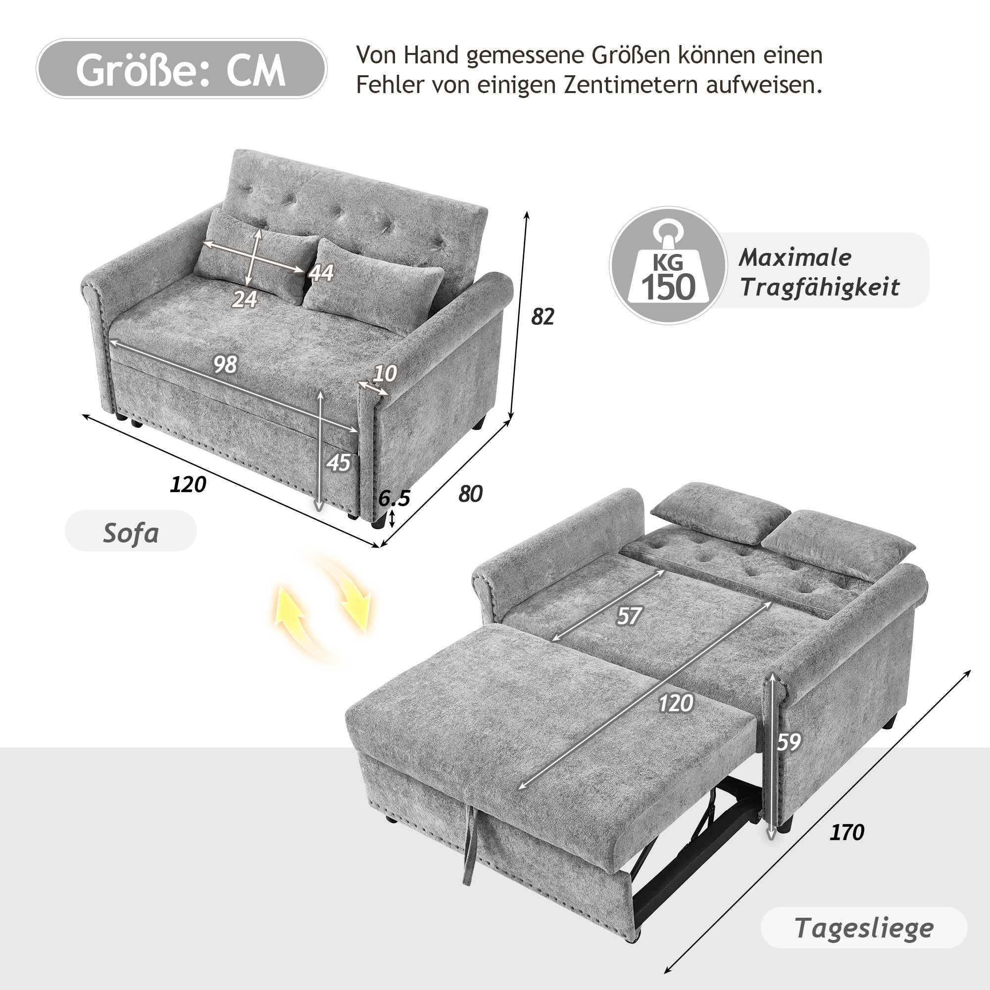 Sofa rozkładana 3 w 1 z odchylanym oparciem (110°/145°/180°) - Tkanina szenilowa - Powierzchnia spania 170 x 98 cm - 2 poduszki - Szary - 3