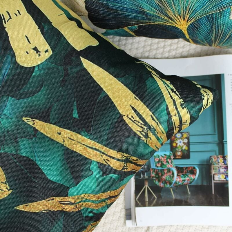 Lot de 4 housses de coussin 45x45 cm, motif feuilles bleu canard et doré, 18x18 cm, canapé de salon, taie d'oreiller jardin extérieur - 3