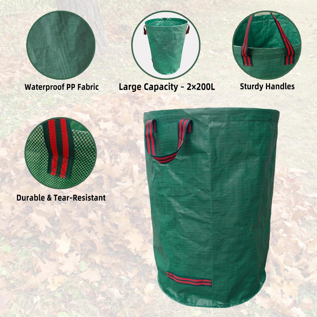 2x200L Sac à Déchets Verts de Jardin Réutilisable avec Poignée - Résistant, Indéchirable, pour Végétaux, Feuilles, Pelouse Coupée,Ultra Load Bearing - 3