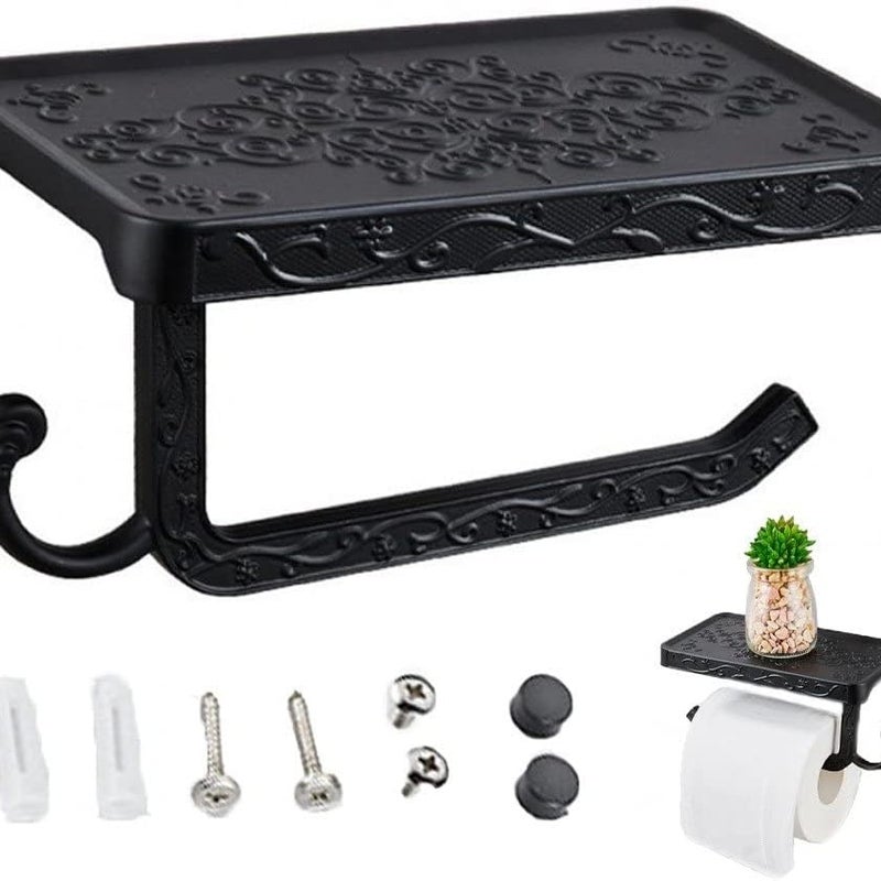 Uchwyt na papier toaletowy w stylu vintage z półkami i haczykami – uchwyt na papier toaletowy (wykończenie w kolorze czarnym)