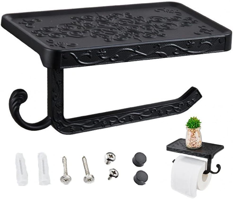 Uchwyt na papier toaletowy w stylu vintage z półką i haczykiem – uchwyt na papier toaletowy (wykończenie w kolorze czarnym)