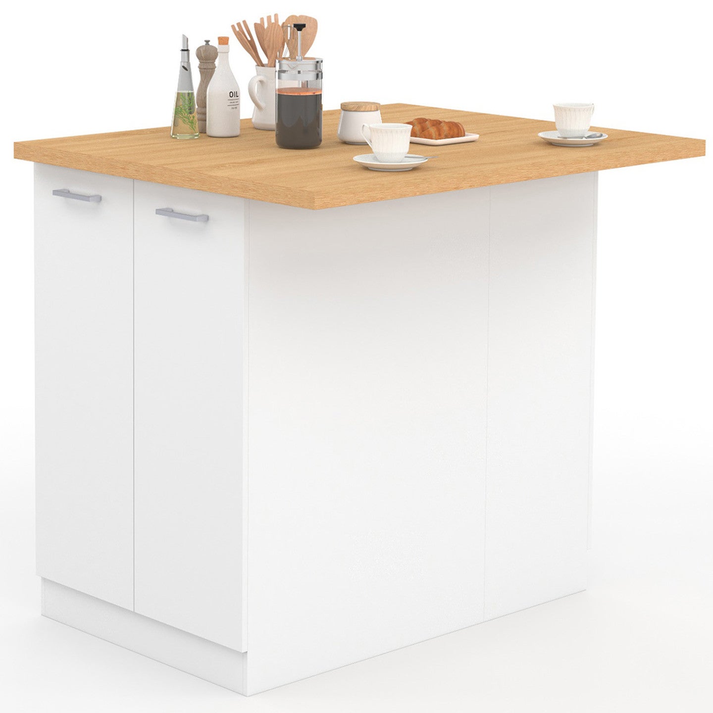 Ilot central IVO 100 cm blanc avec plan de travail façon hêtre - 2