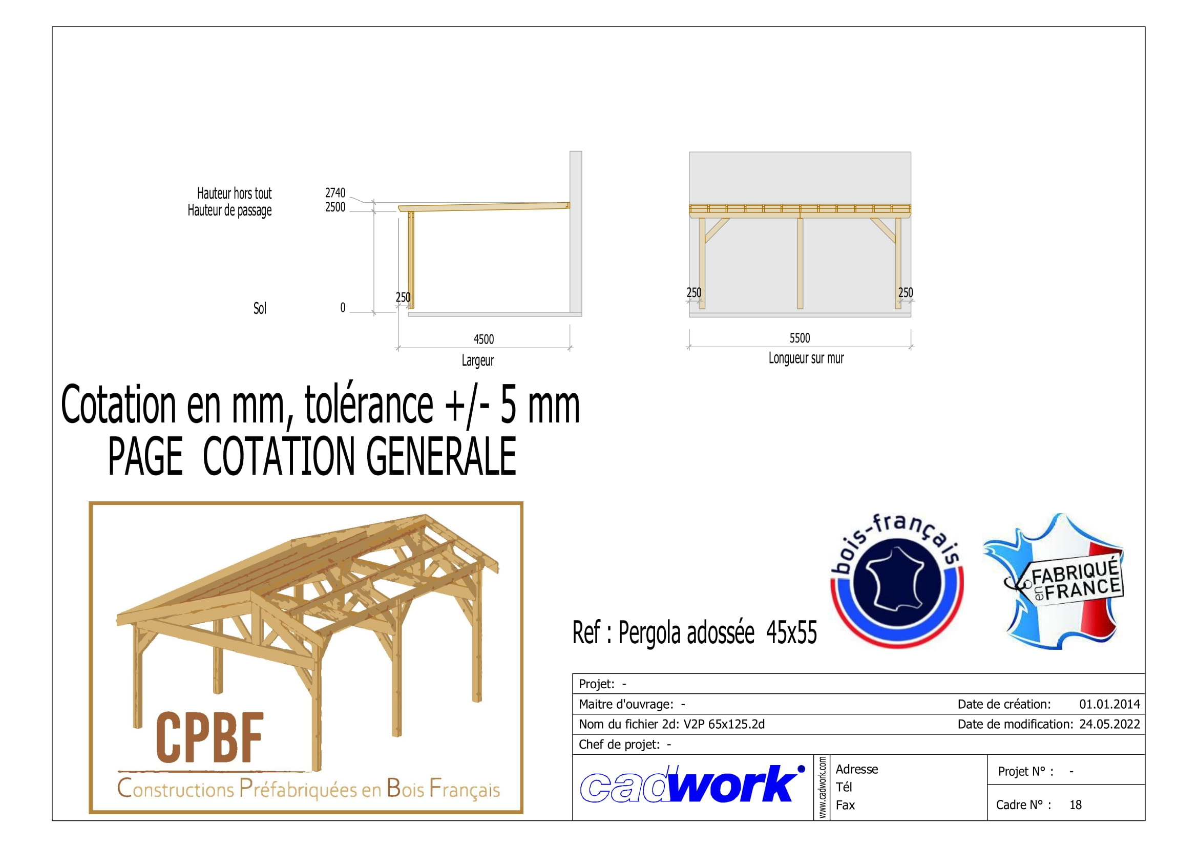 Charpente pergola adossée 550cmx450cm, Bois DOUGLAS Français label PEFC (Carport - Auvent- Abri terrasse), surface 24.75 m². - 2