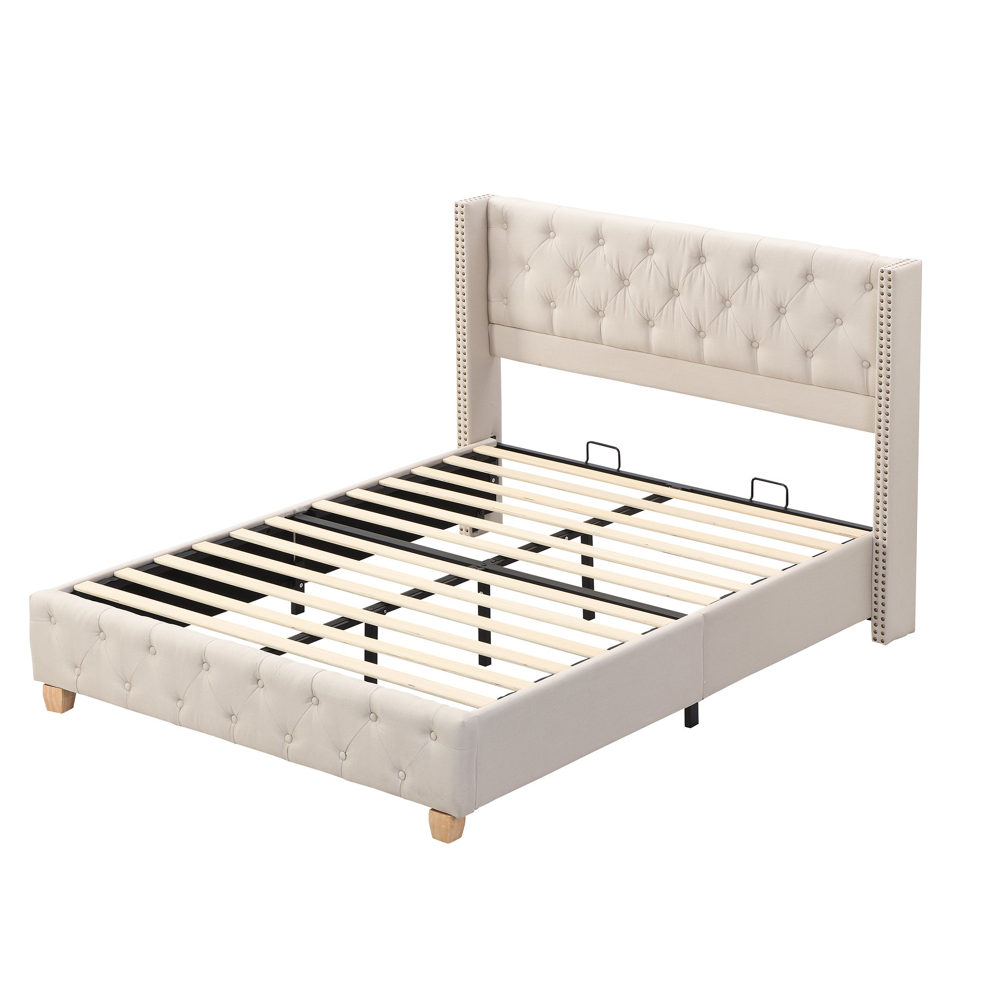 Lit Double 160x200 cm - Lit Classique Beige en Lin - Tête de Lit Capitonnée, Sans Matelas - 9