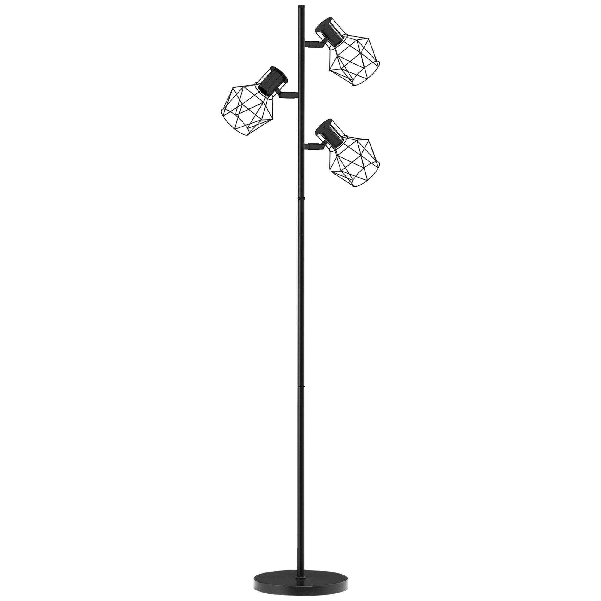 Lampa podłogowa z 3 gniazdami E27, 40W, 3 regulowane płomienie, do salonu, wysokość 169cm, metalowa, żarówki nie są dołączone, czarna