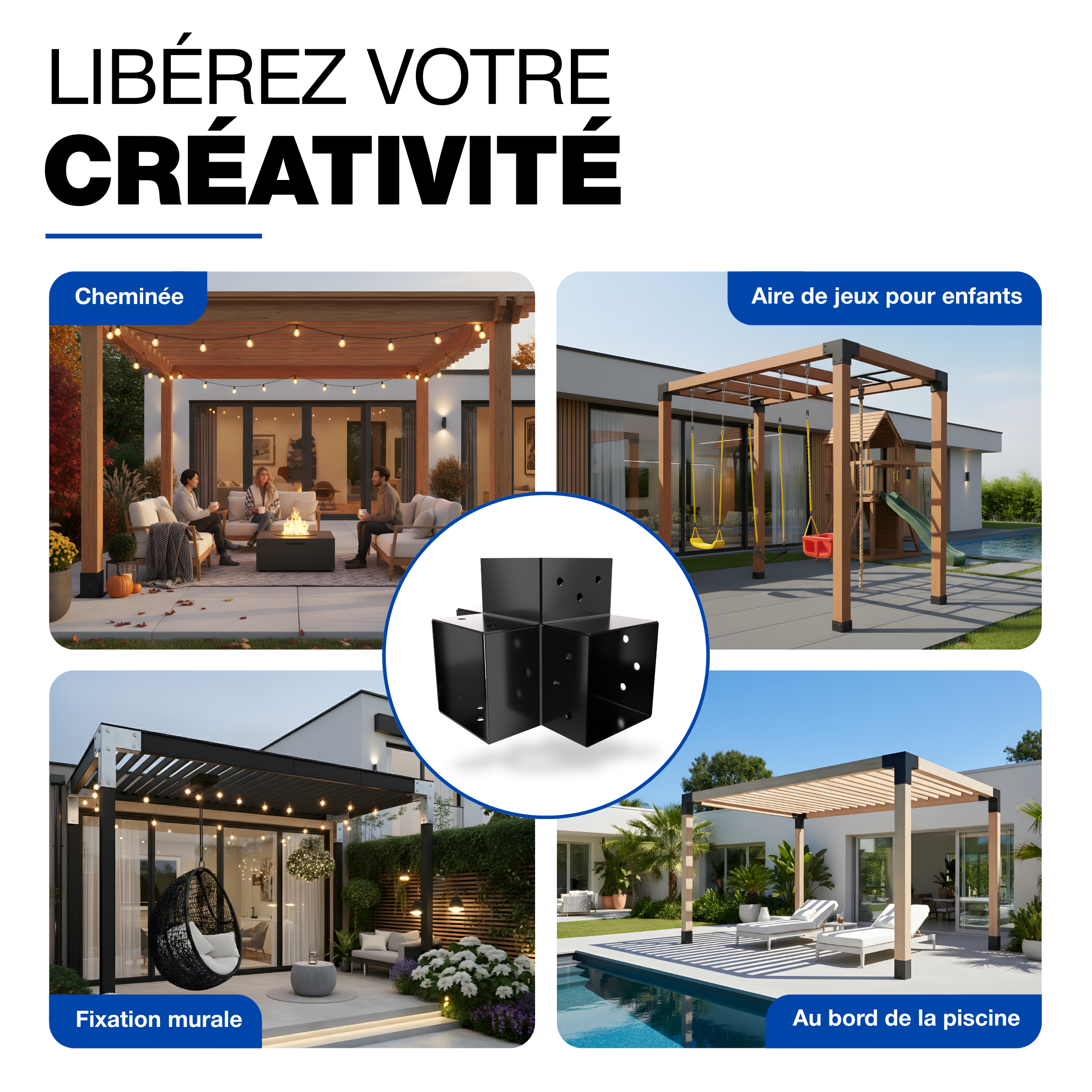 Connecteur de Poteau X 81 x 81 mm Lot de 4 GEZU IMPEX Noir Pergola Connecteur D’Angle 4 Voies Pavilon Support Bricolage Menuiserie - 8