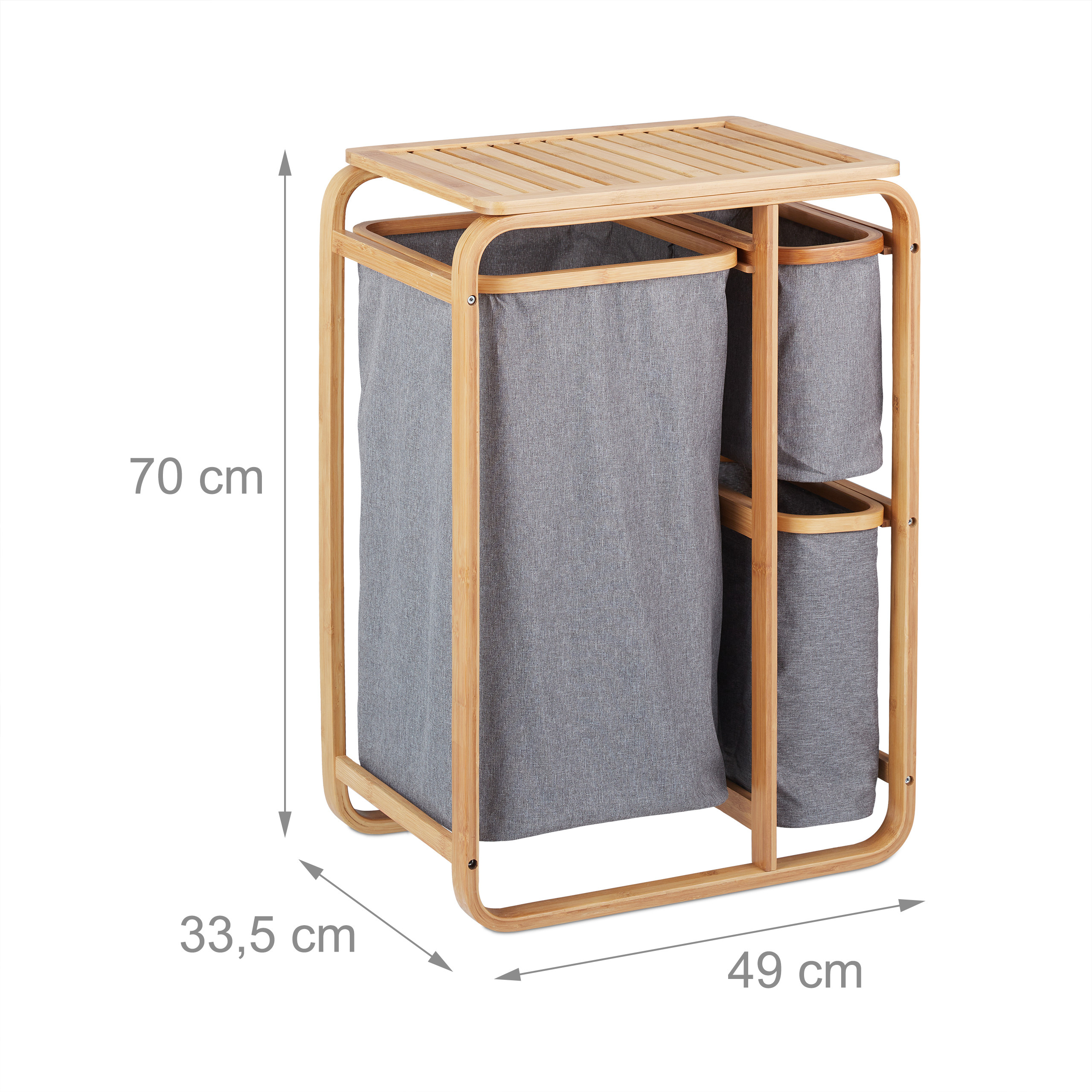 Relaxdays Meuble à linge, 3 bacs, bambou, étagère pour salle de bain avec compartiments, HLP 70x49x33,5 cm, nature/gris - 4