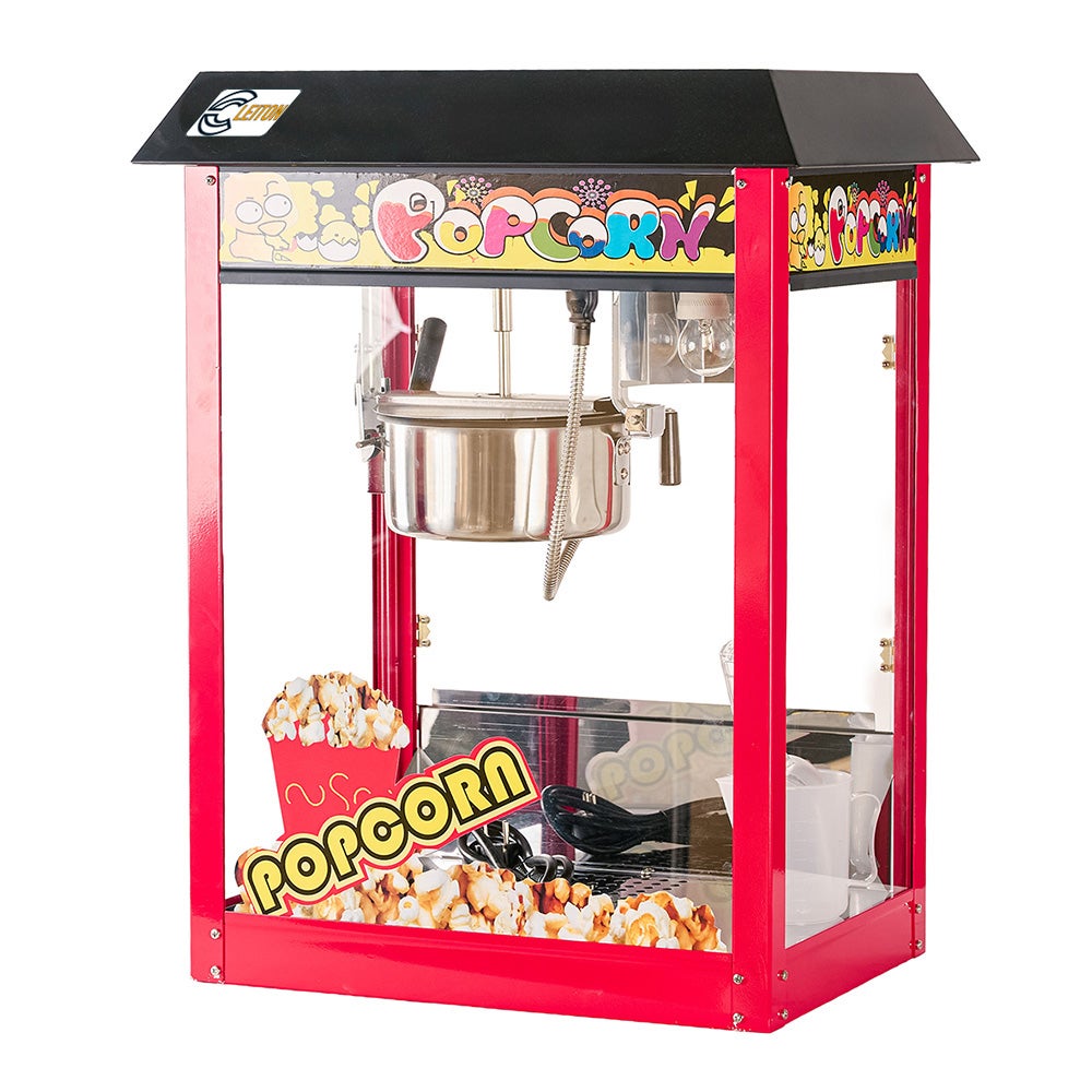Cleiton® palomitera roja con tejado negro de 56x42x76 cm | máquina de palomitas profesional de acero inox y cristal para ferias - 1440 w y 220 v