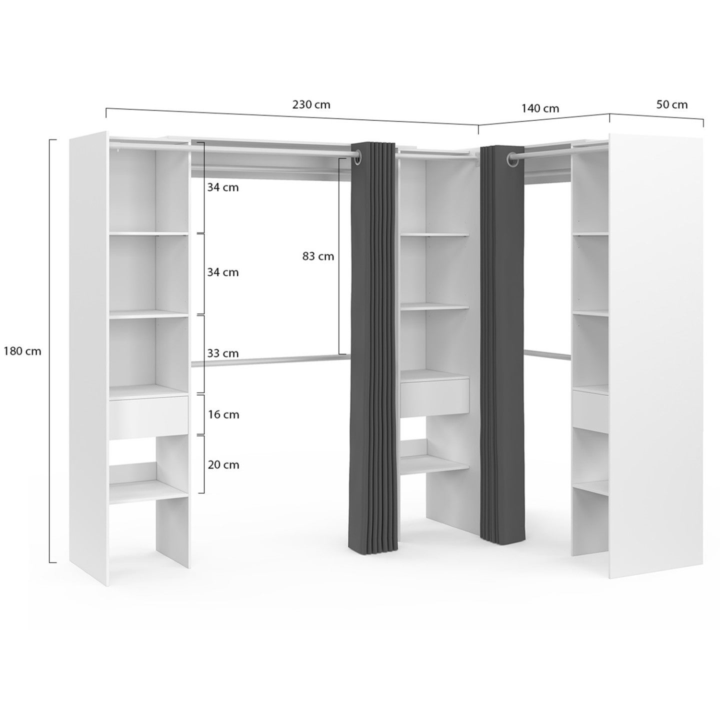 Dressing extensible d'angle MARLON 230 x 140 x 180 cm blanc avec penderies + étagères + rideaux gris - 4