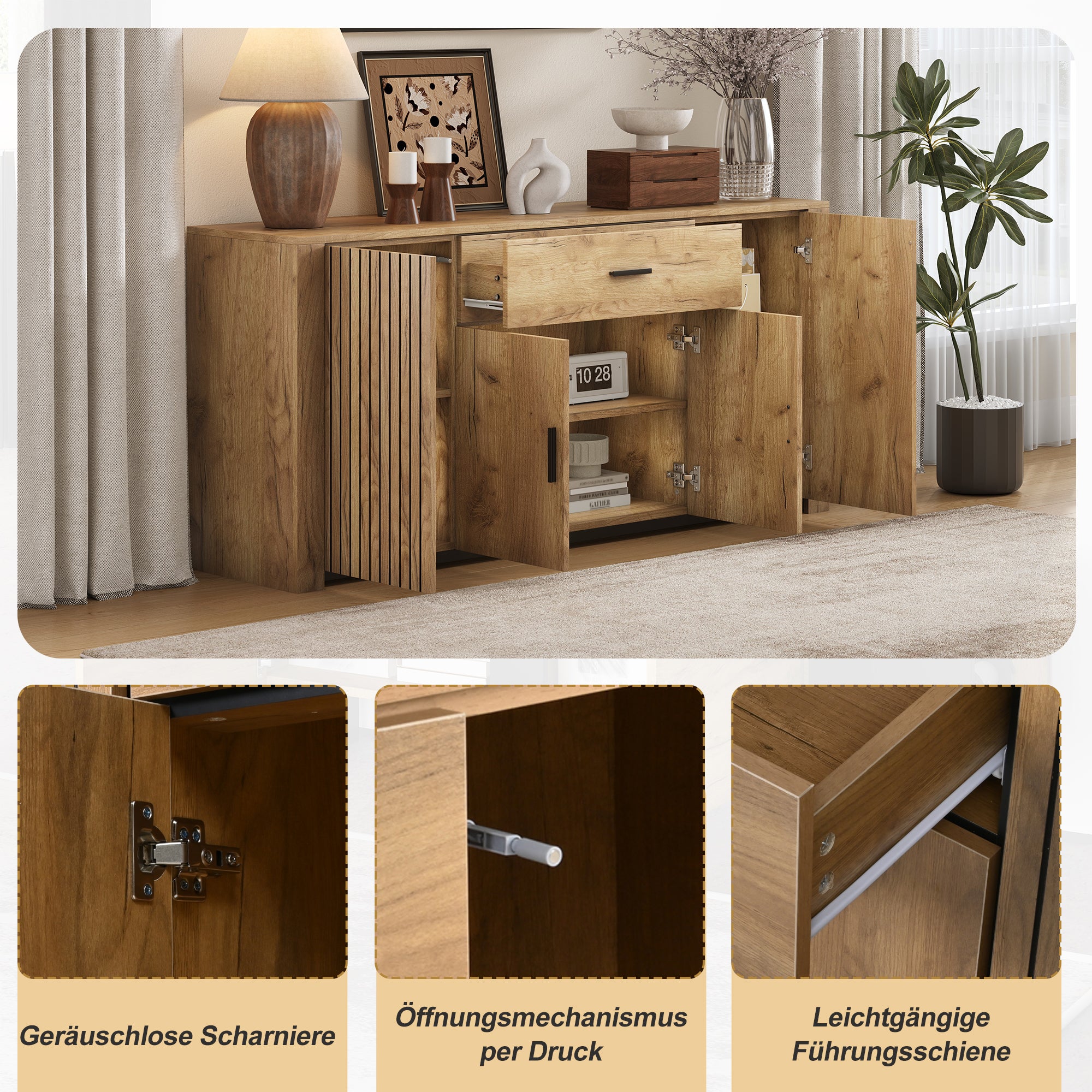Buffet 160x40x75 cm - 4 portes et 1 tiroir - Étagères réglables - Finition bois - Panneaux de particules - Naturel - 7