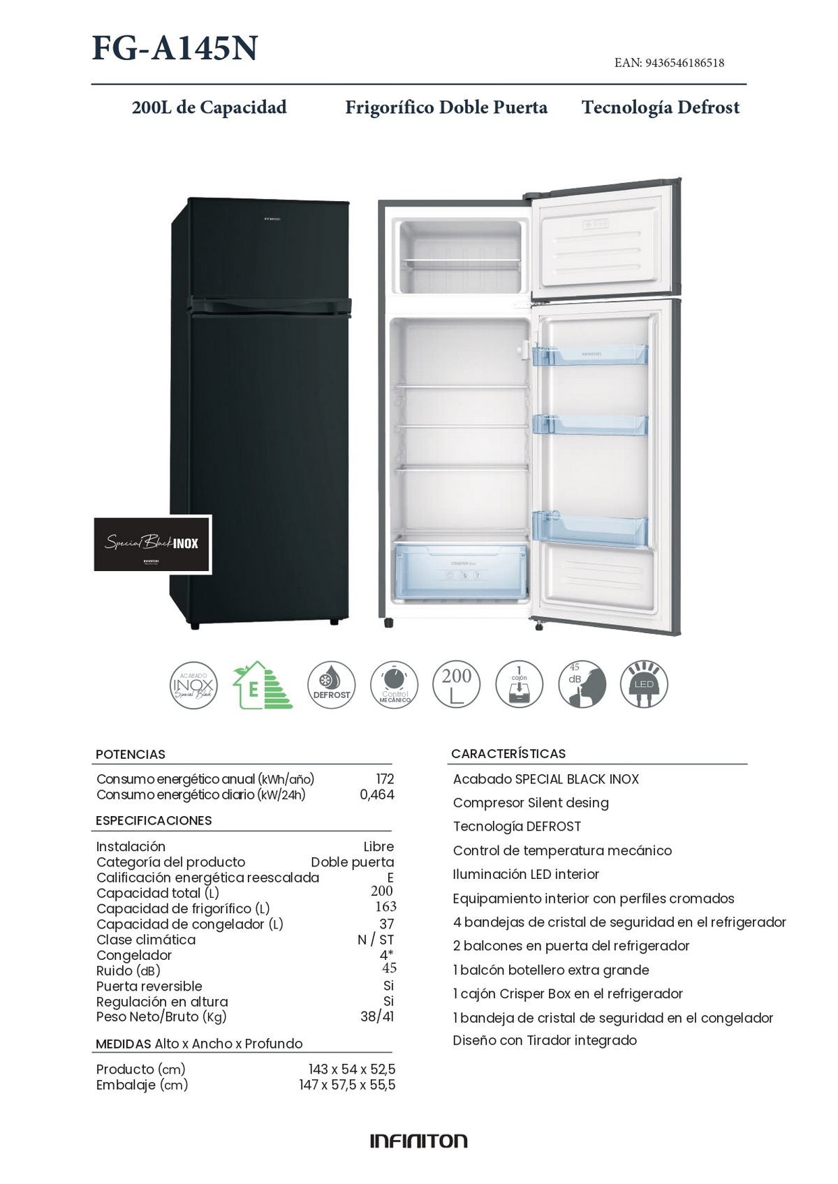 Frigorifico Dos Puertas INFINITON FG-A145N, 200 L, 143 cm, E, Negro - 9
