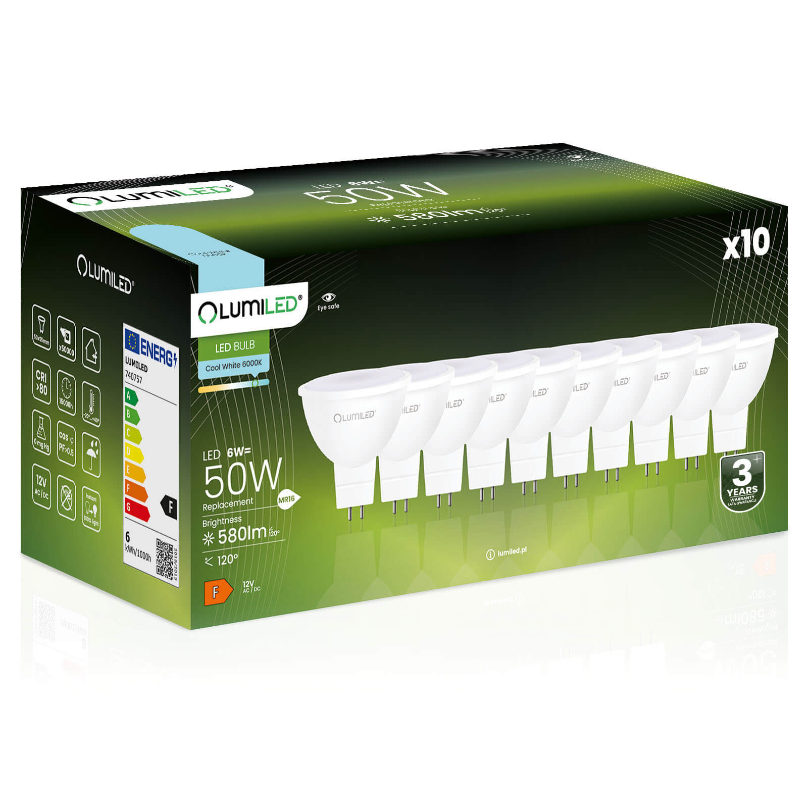 10x Żarówka Lumiled LED GU5.3 Reflektor MR16 6W = 50W 580lm 6500K Zimna 120st 12V