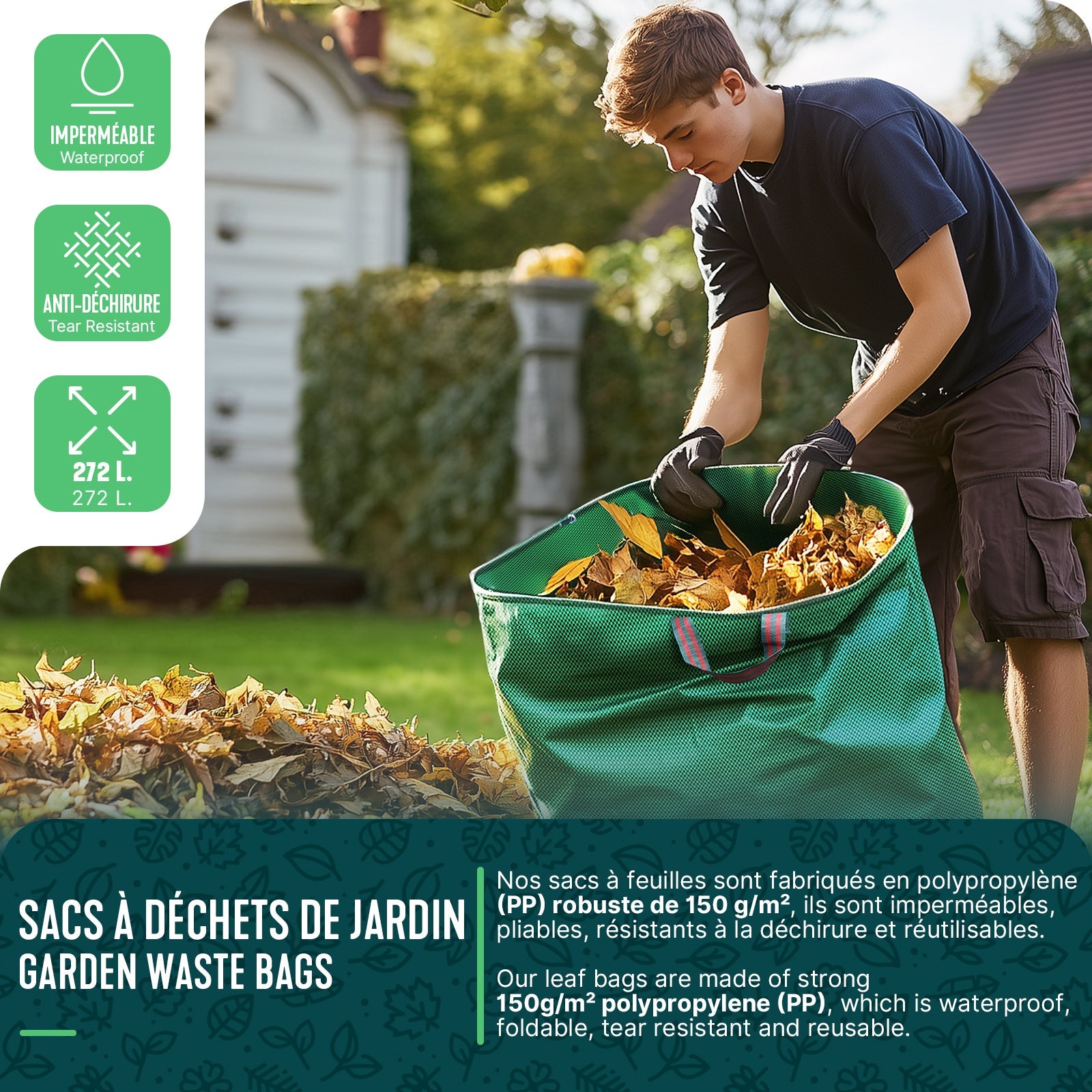 Lot de 3 Sac à déchets de jardin 272L - 50kg max - 3 poignées renforcées - réutilisables et résistants - VOUNOT® - 2
