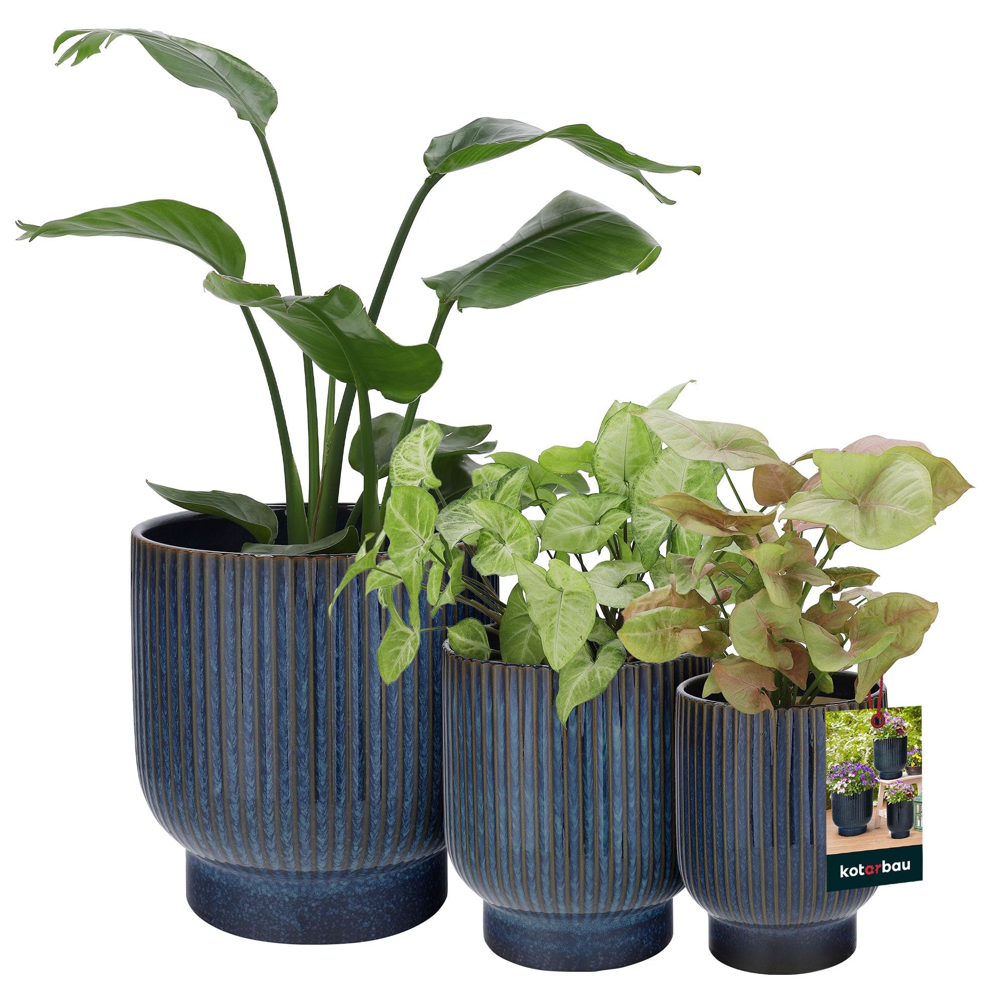 Doniczka ceramiczna z odpływem granatowa na rośliny kwiaty zestaw 3 szt. - KOTARBAU