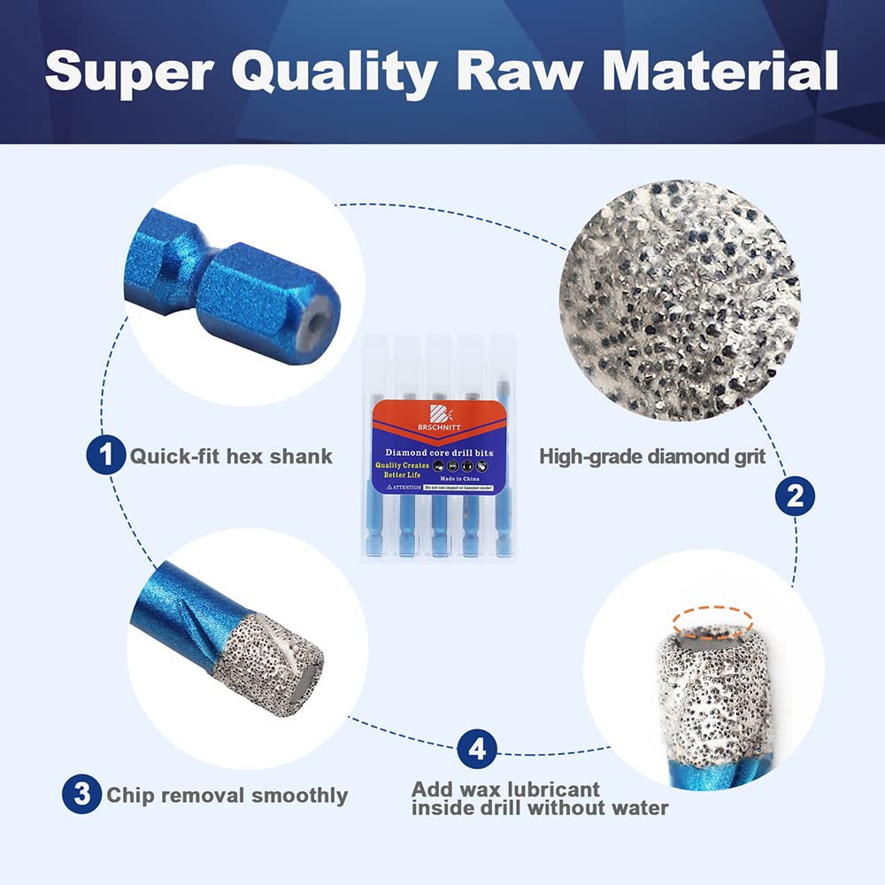 Forets Mèches Diamant Carrelage 6/6/8/10+6mm - BRSCHNITT Foret Céramique pour Porcelaine,Céramique, Granit,Carrelage（5 Pièces） - 6