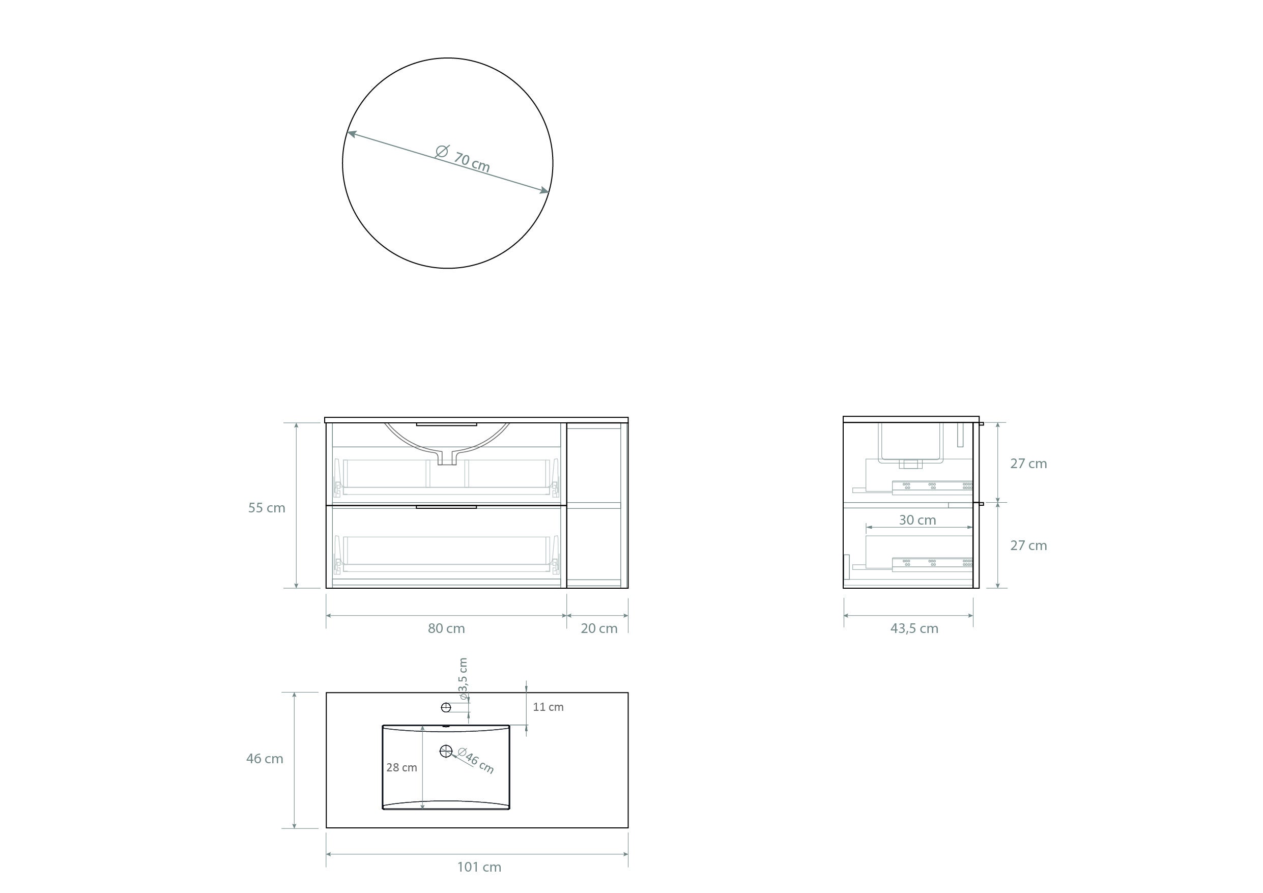 Meuble de salle de bain Mapau Pack avec lavabo et miroir circulaire BRIDAN deux tiroirs chêne Bardolino 100cm - 6