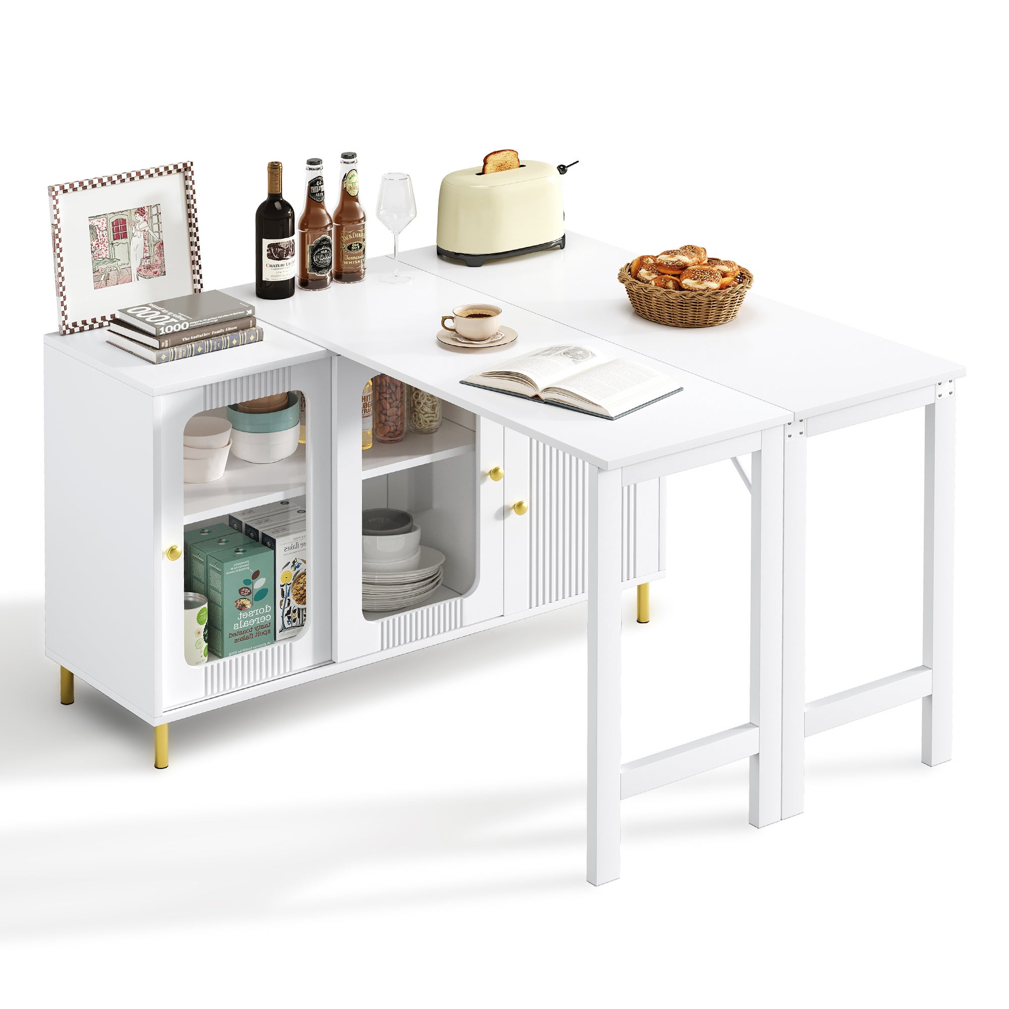Aparador buffet blanco con tablero plegable y giratorio. patas doradas y puertas de vidrio con ondas.