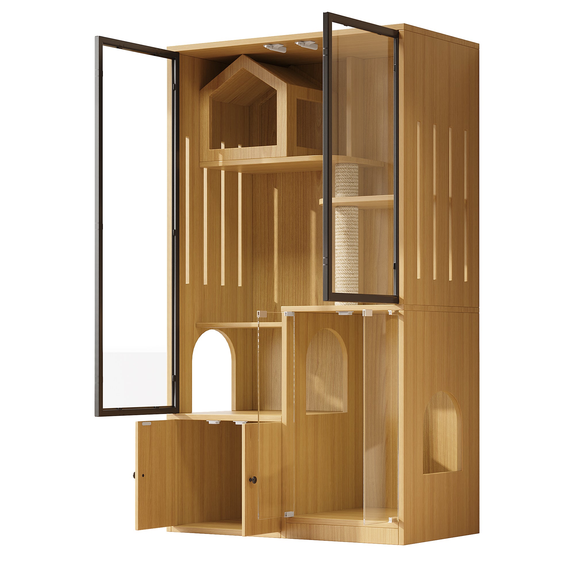 Cage pour chat 4 niveaux avec 4 portes et griffoir - 90 x 50 x 160 cm - MDF + verre - Couleur jaune - 8