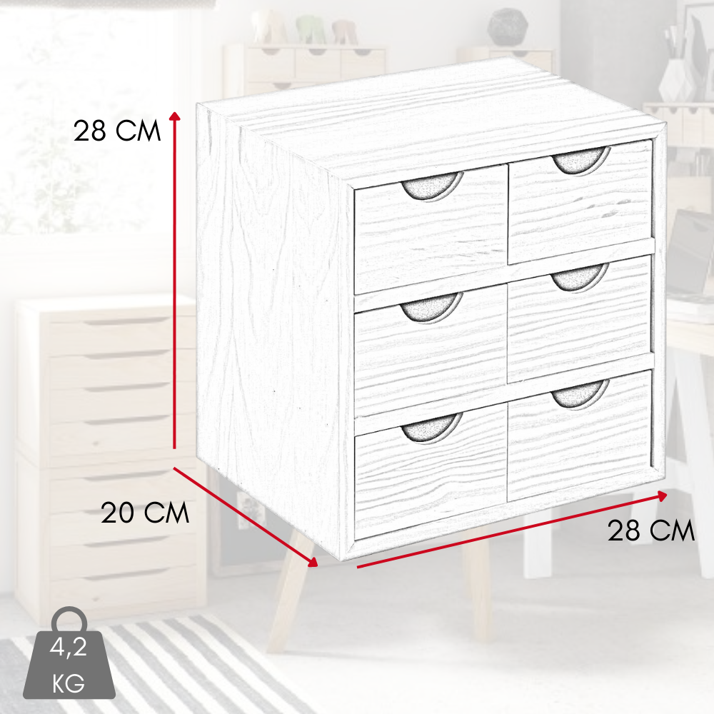 Cassettiera Legno 6 Cassetti Mobile Design Moderno Salvaspazio, Rovere cm 28x20x28 - ZIK - 3
