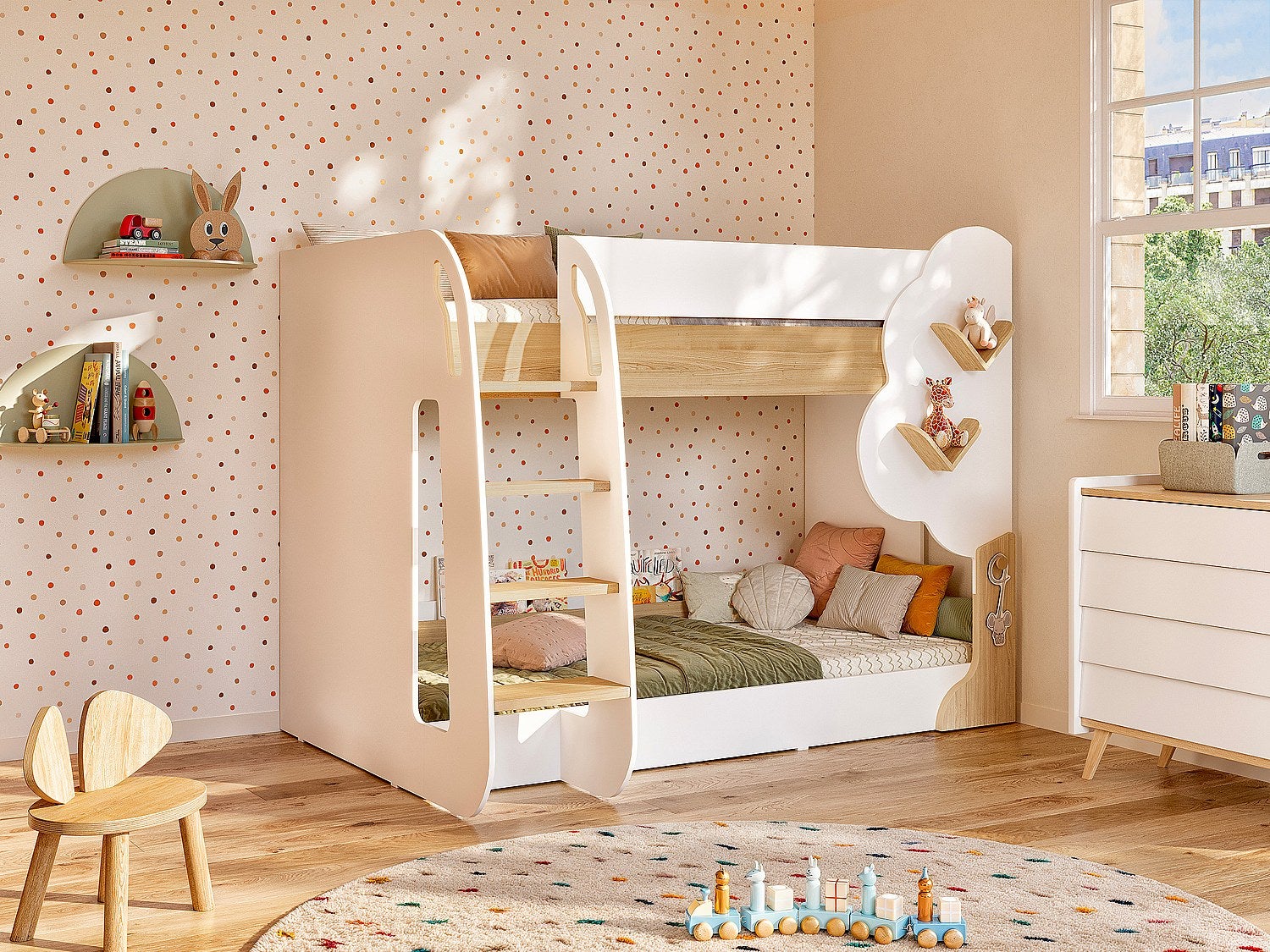Łóżko piętrowe 2 x 90 x 190 cm - Biały i Naturalny + Materac - PILATI