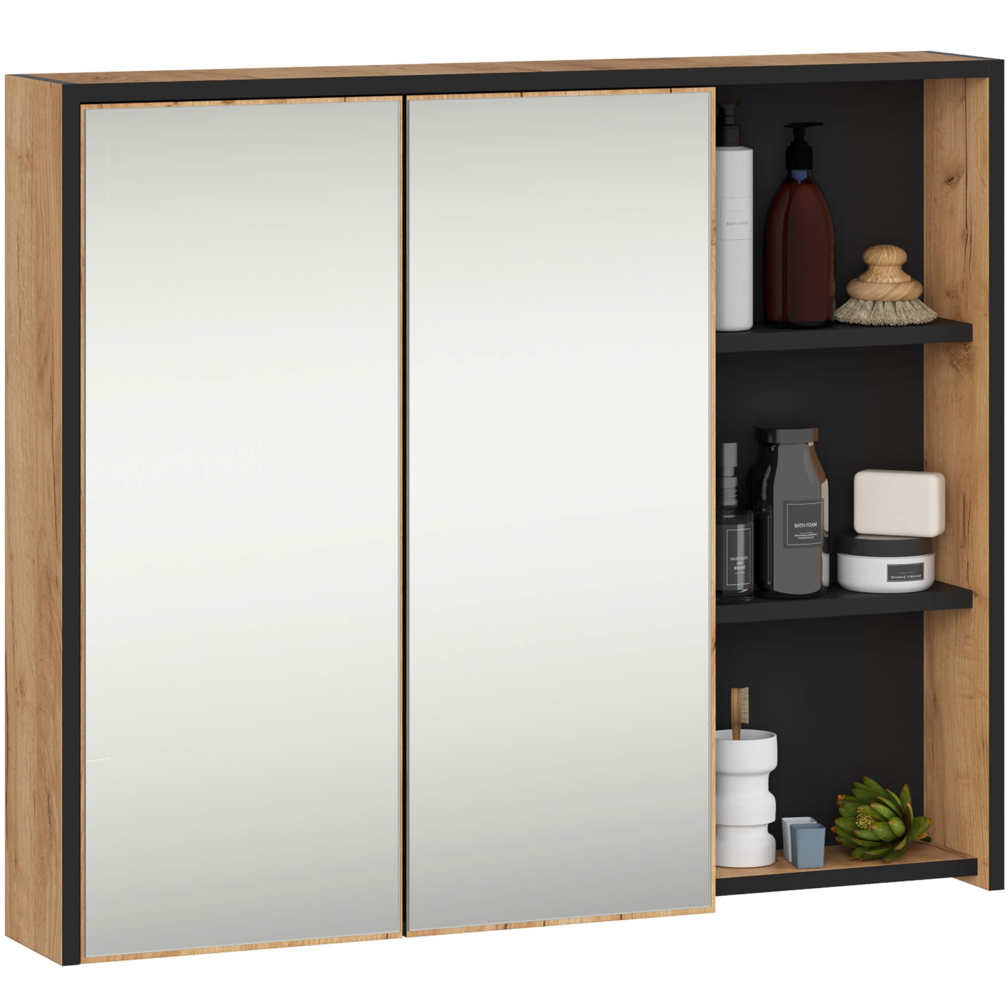 Szafka łazienkowa wisząca z lustrem AKORD VAMI Dąb Craft, Czarny 90 cm 2 drzwi 6 półek 90x75x15 cm