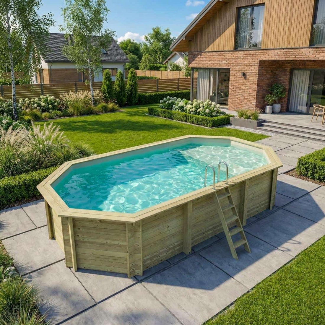 Piscină supraterană din lemn NEMO 7,3 x 3,97 - H. 1,45 m, cu zonă relaxare, nisip și elemente de fixare cu șuruburi - BAS7305OSPL3+PLA305