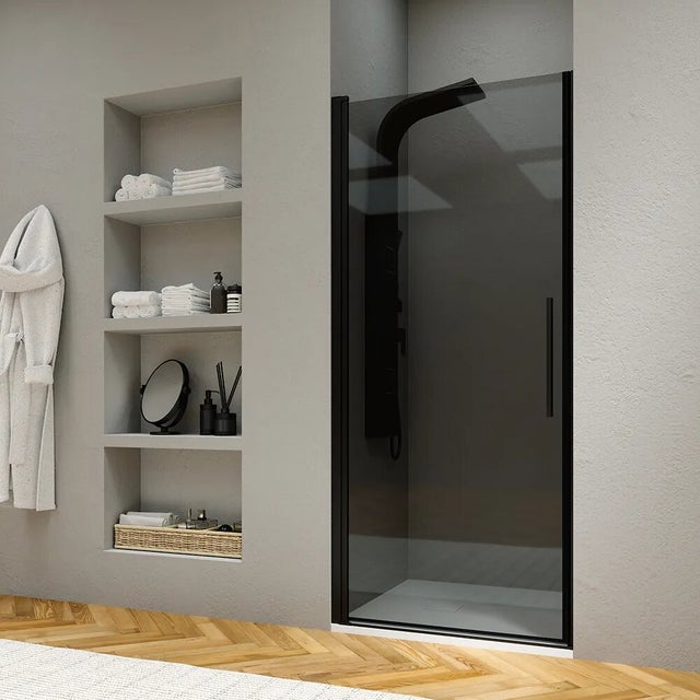 Porte de douche 90 cm à ouverture battante avec profilés noir mat et verre fumé 6 mm h195 | Elba
