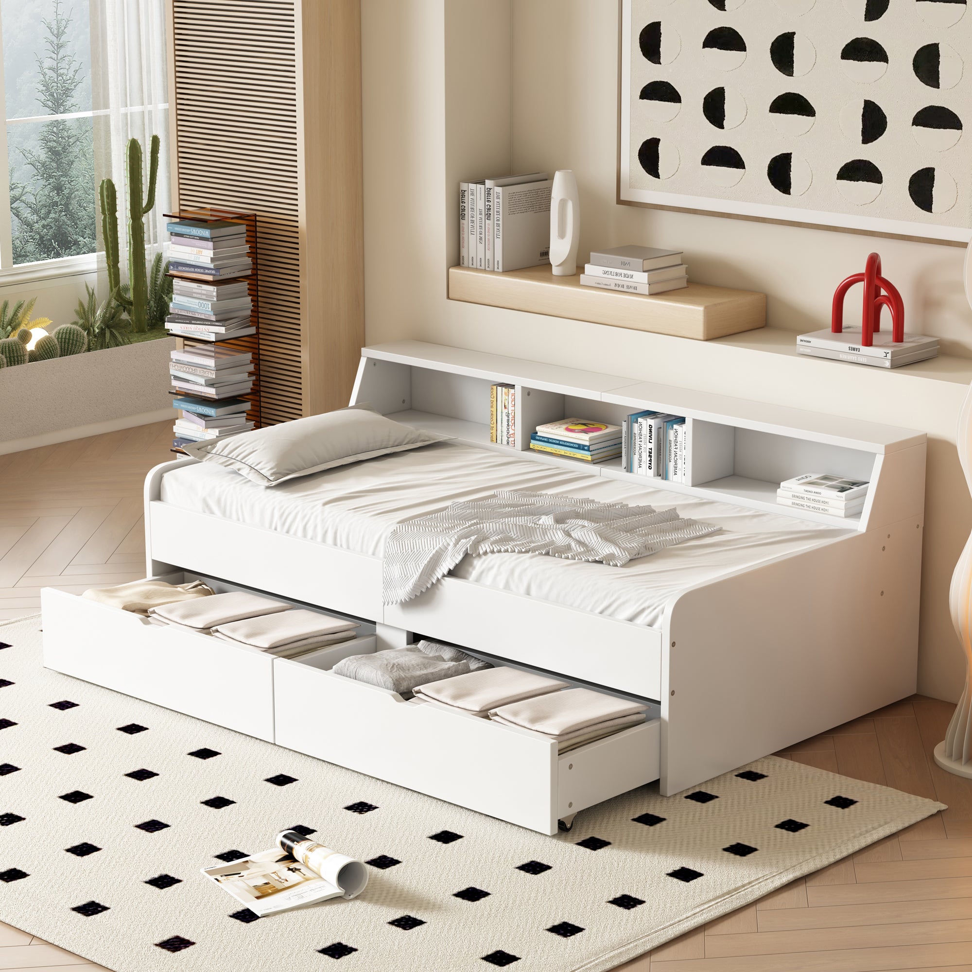 Łóżko dziecięce 90 x 200 cm z 2 szufladami i półkami, drewno sosnowe i płyta MDF, białe