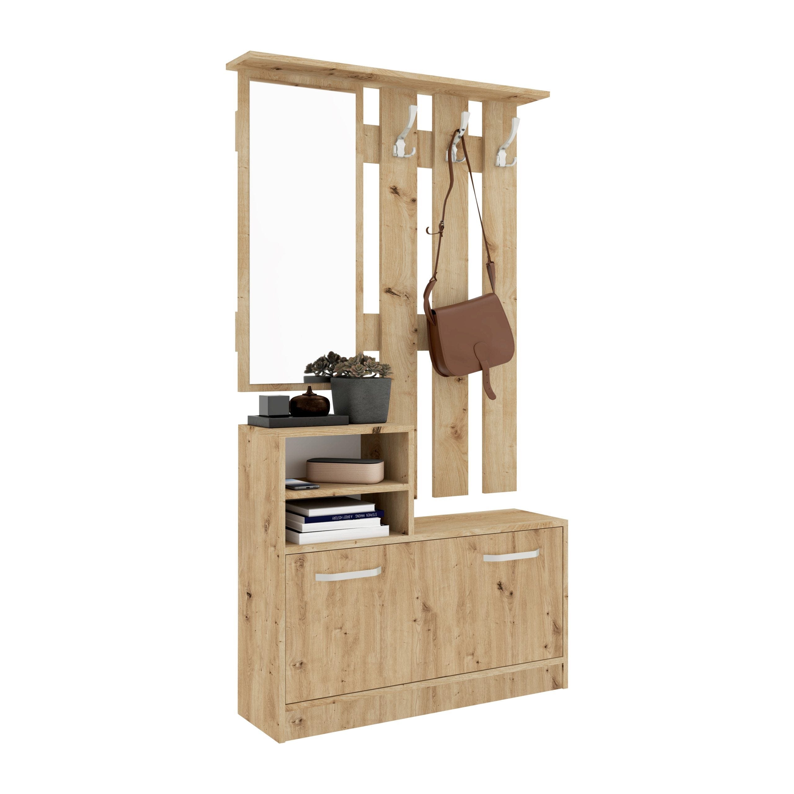 Porte-Manteau Mural Design Chêne Artisanal - 60 Cm De Large, Avec Étagère Et Crochets, Bois D'Ingénierie