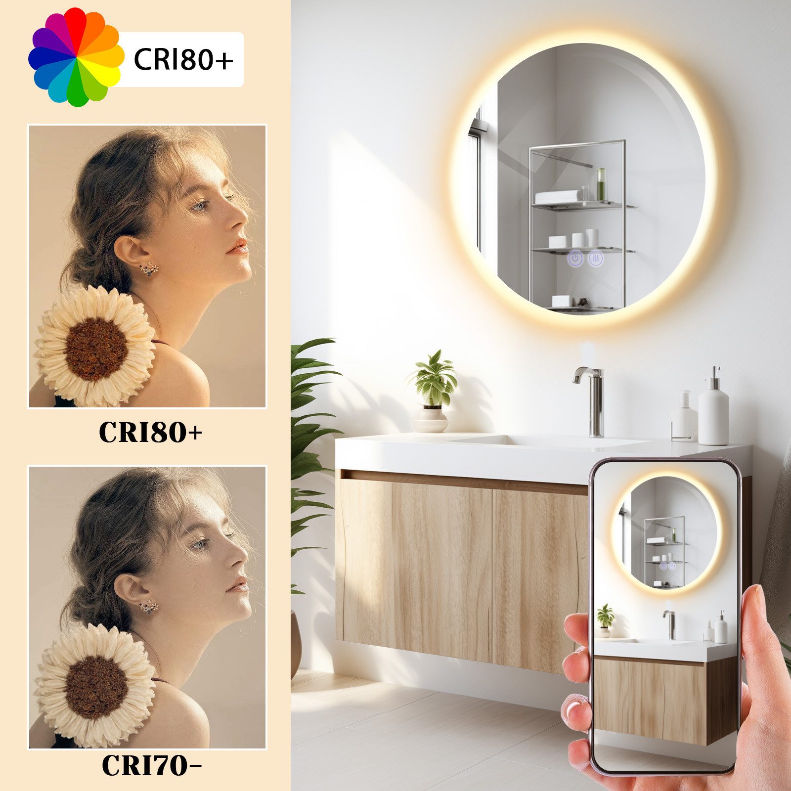 Miroir de salle de bain NETTLIFE avec éclairage rond 50 cm Miroir de salle de bain Miroir mural LED avec fonction tactile - 4