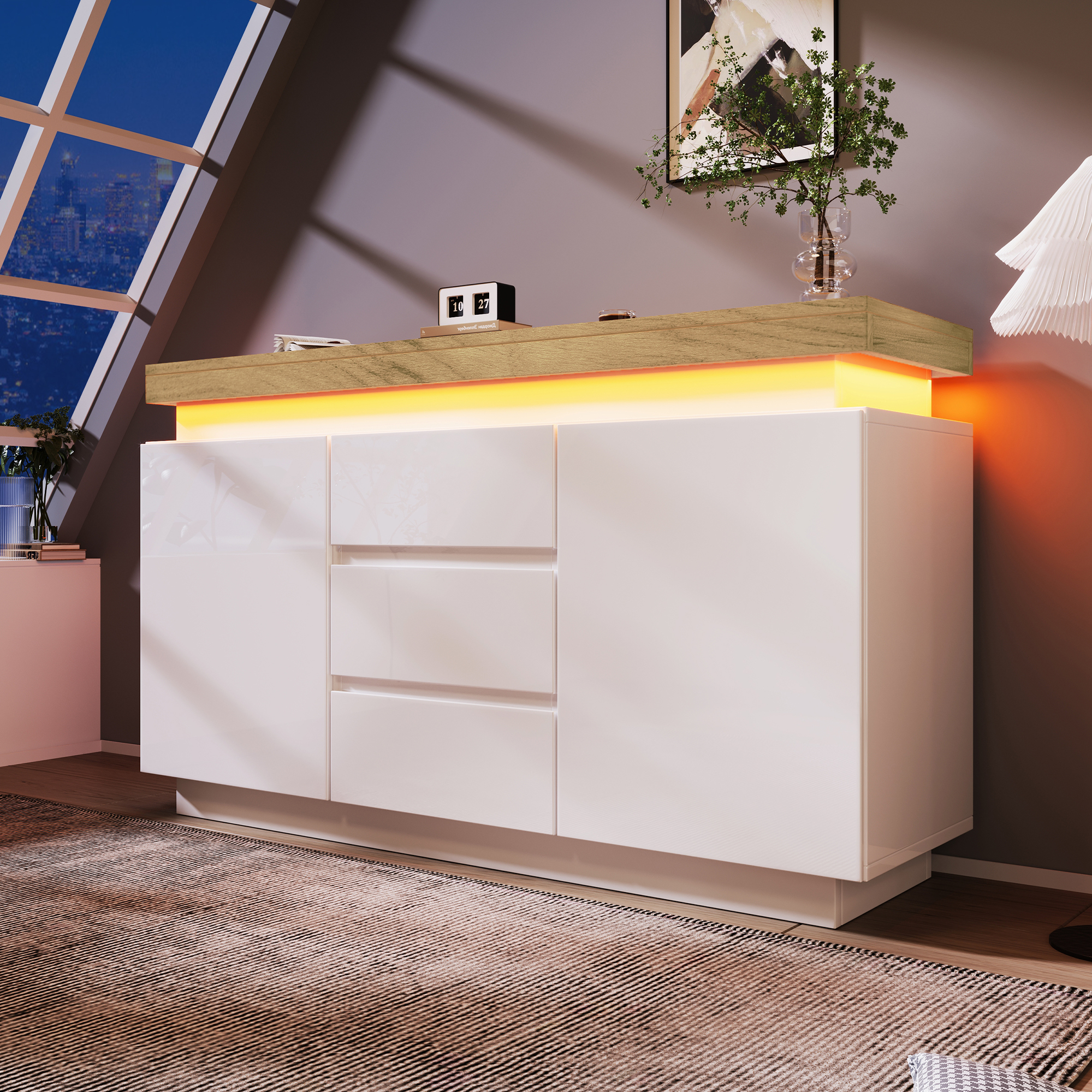 meble masztalerz Commode 120 cm Blanc avec Façades Brillantes - avec 6 tiroirs - 120 x 78,5 x 39