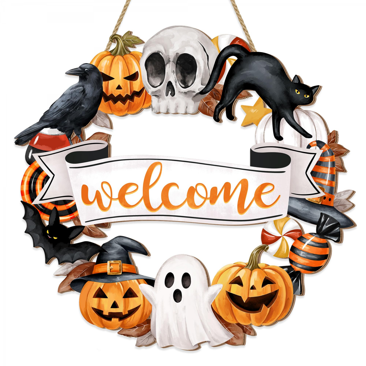 Ghirlanda Di Halloween In Legno – Fantasma, Gatto Nero E Zucca – Cartello Decorativo 33,5×33 Cm Con Corda – Rustico Per Porta D'ingresso