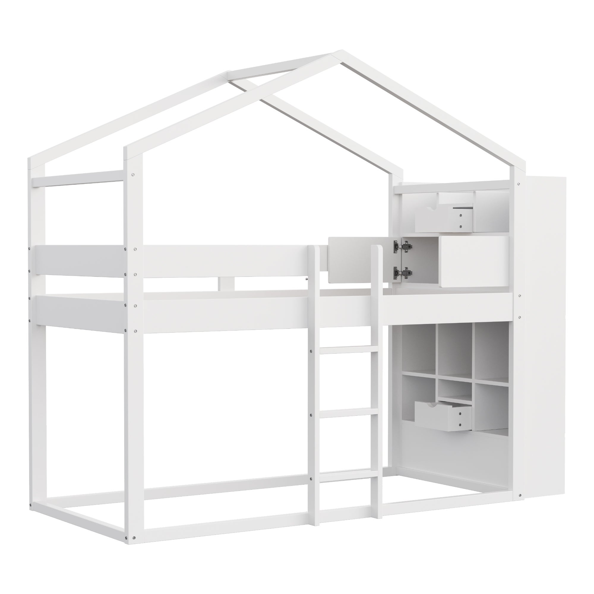 Łóżko piętrowe 90 x 200 cm z 2 szufladami, 2 drzwiami i przegródkami - Sosna + sklejka + MDF - Białe (Materac nie jest wliczony w cenę) - 9