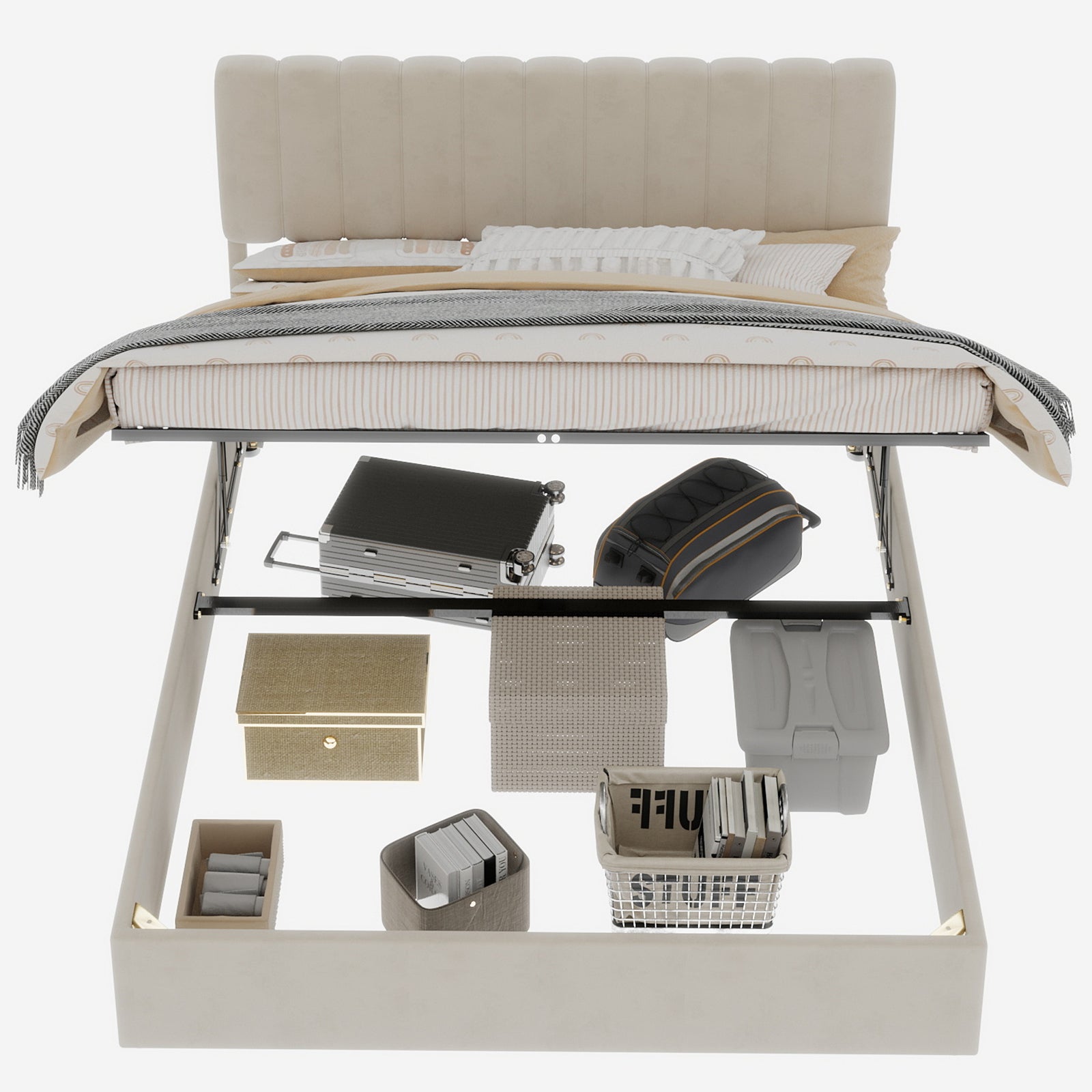 Letto contenitore matrimoniale 140x200 cm, testiera, meccanismo a gas, velluto beige, senza materasso - 3