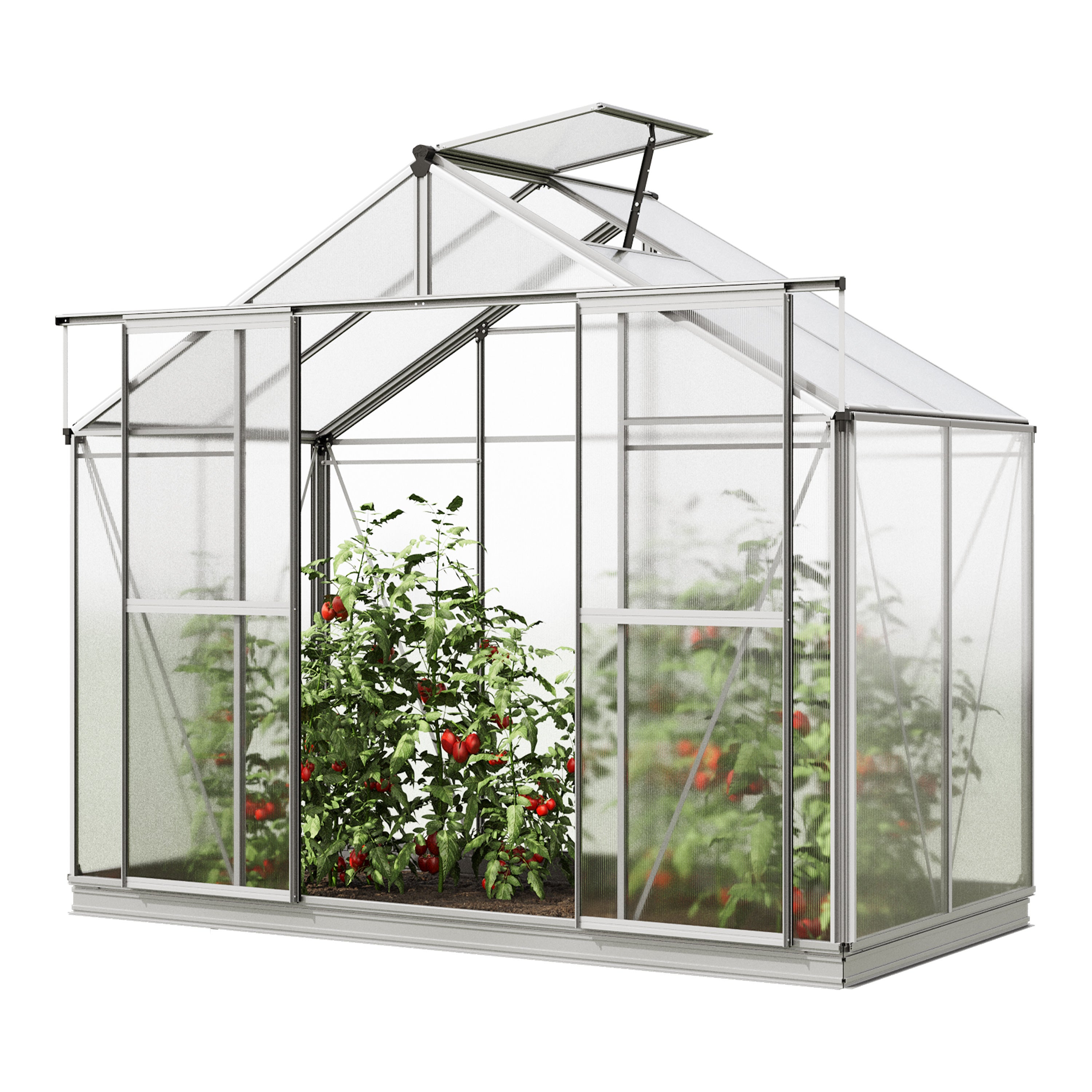 GFP Szklarnia Orchidee 2 rama aluminiowa 256 x 131 cm panele poliwęglanowe - z ramą fundamentową i 1 aut. mechanizm otwierania okien