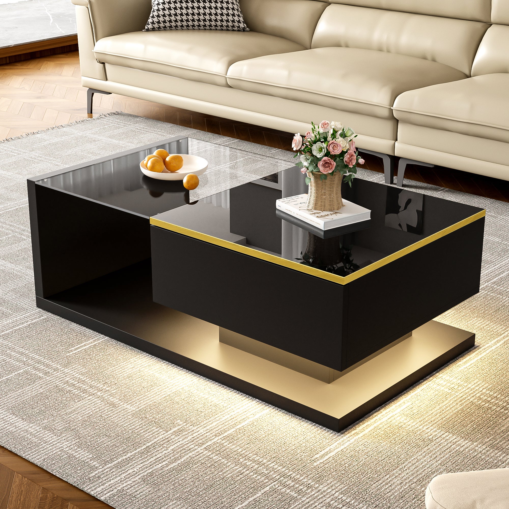 Stolik kawowy z 1 drzwiami i 1 przegrodą - 90 x 50 x 32 cm - Diody LED - Płyta wiórowa i szkło - Czarny błyszczący