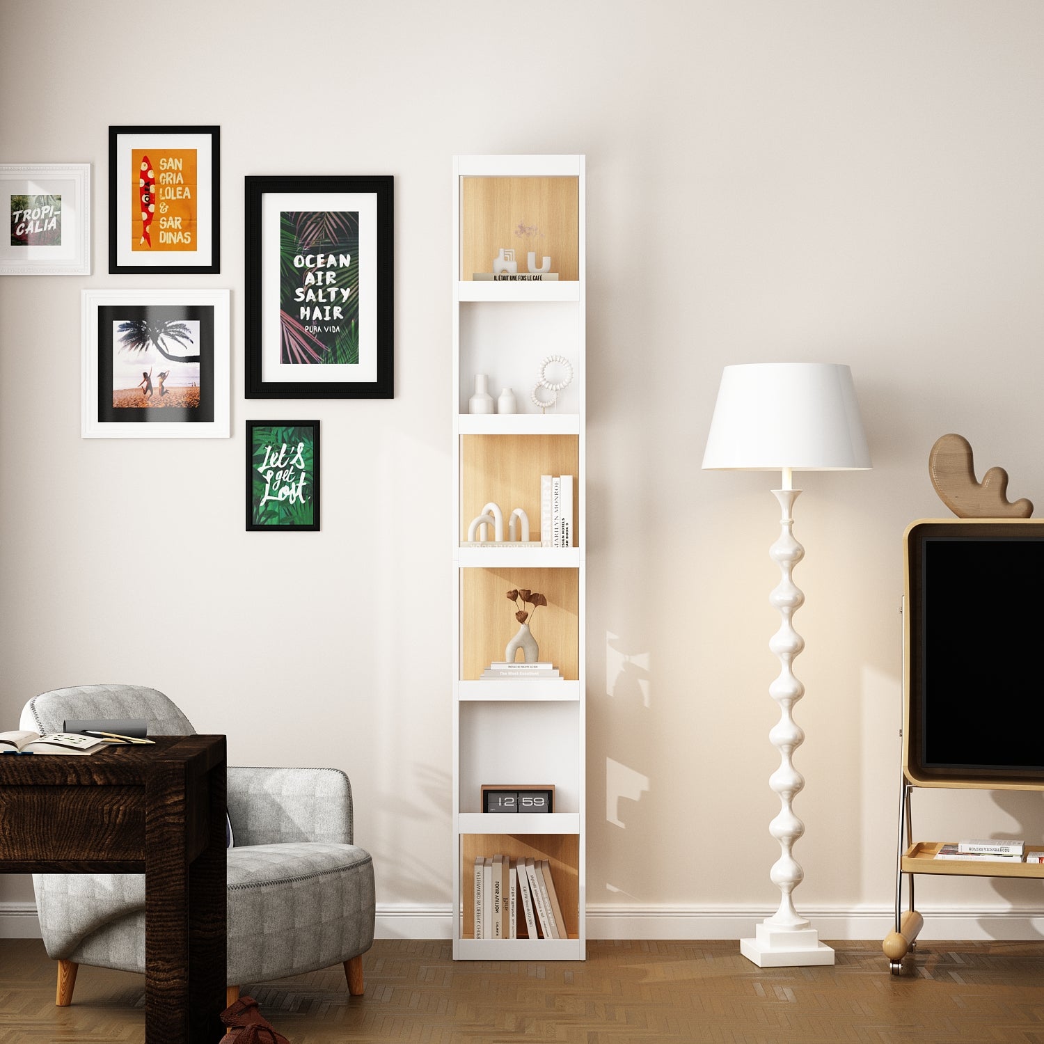 Bibliothèque 7 Compartiments HarBin-Star - 120x24x80 Cm - Blanc Chaud - Panneaux Bois - Pour Salon, Bureau, Chambre
