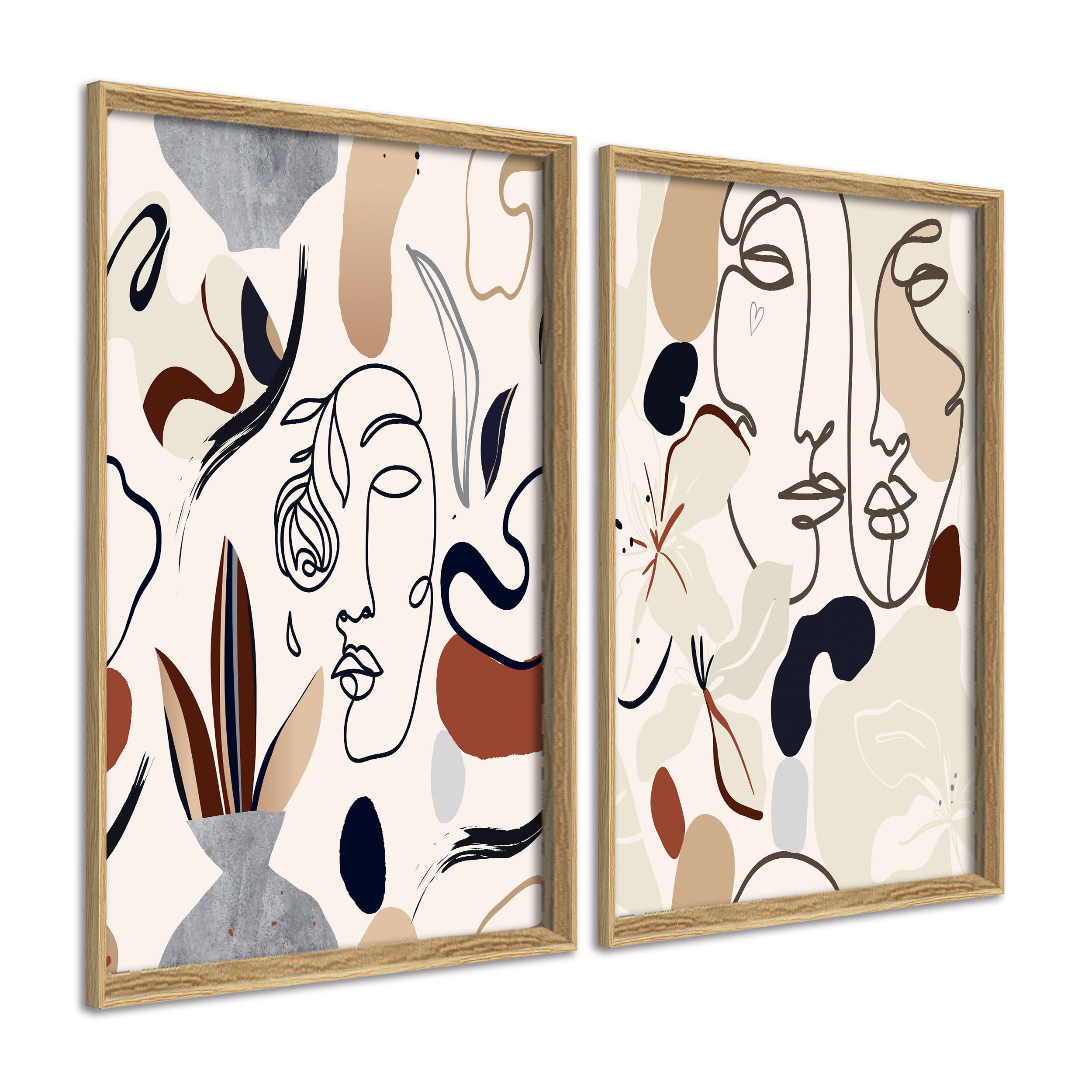Dekoarte - cuadros decoracion salon modernos caras trazos picasso 50x70 cm x2 piezas - cuadros con marco color madera incluido
