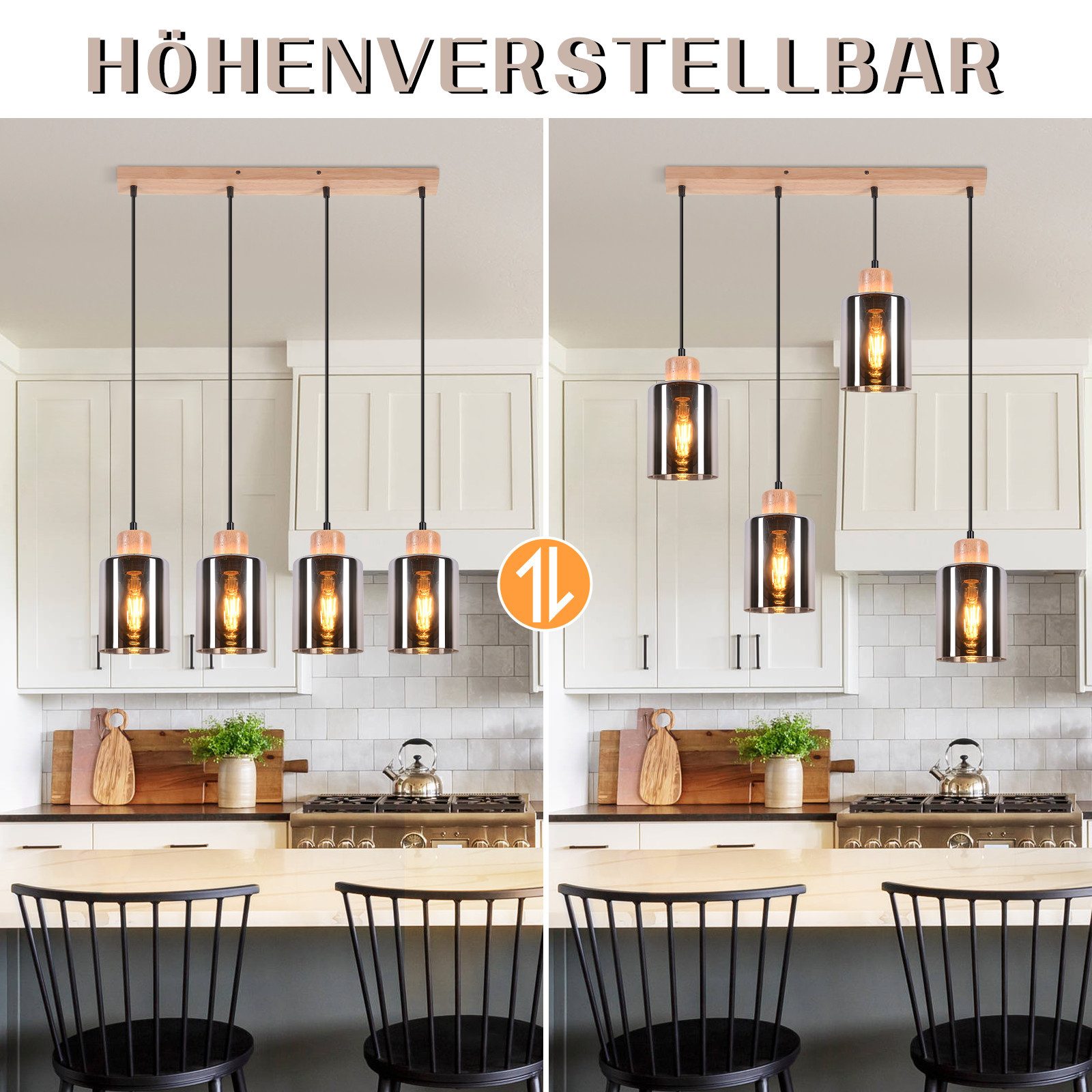 Suspension NETTLIFE pour table à manger, lampe suspendue en verre, lampe de table à manger vintage, suspension en bois, 4 flammes en verre fumé, E27 - 2