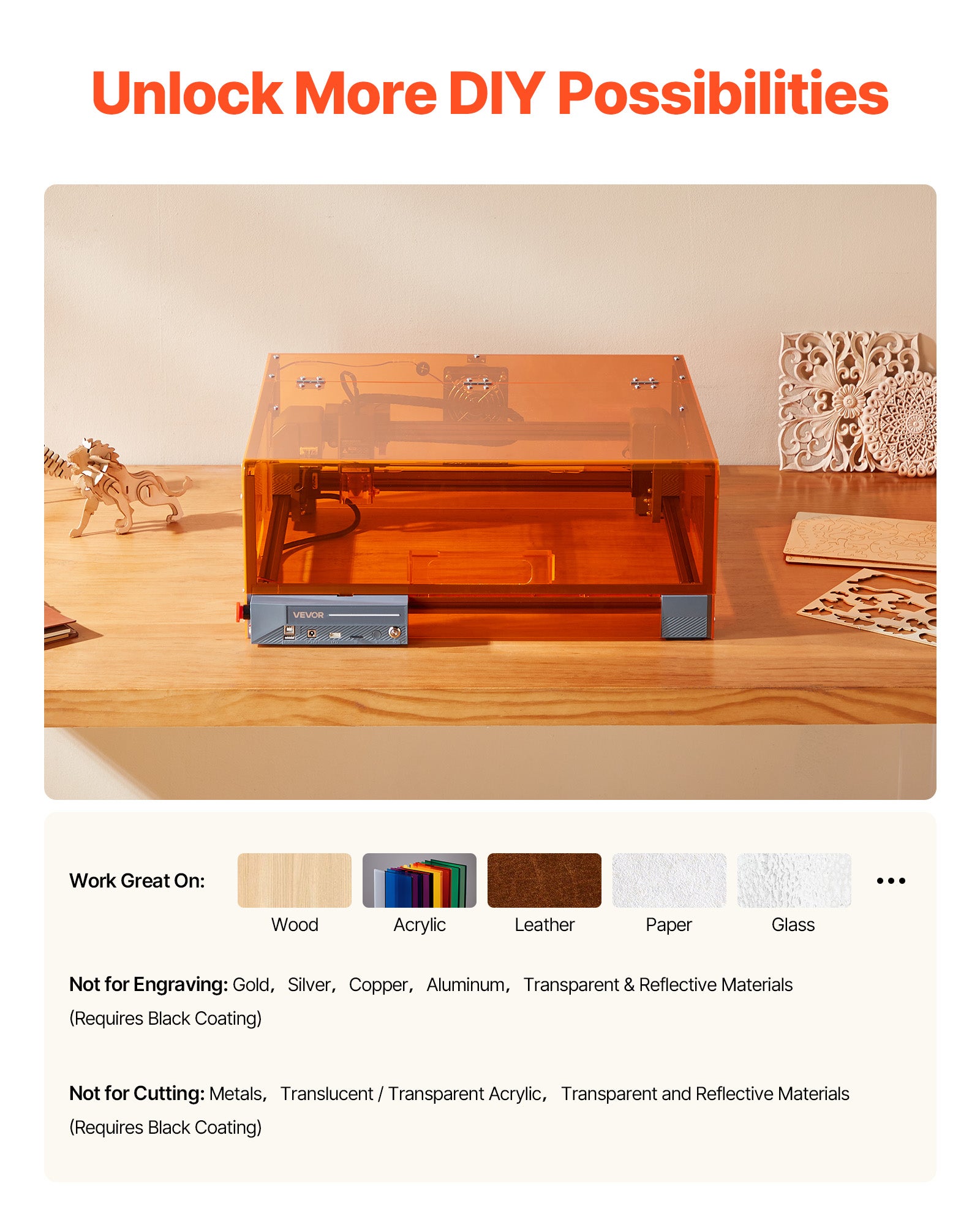 VEVOR Graveur Laser 10 W, Machine Gravure et Découpe Laser, avec Boîtier, Zone Travail 30 x 30 cm, Vitesse Gravure 7000 mm/min, pour Bois, Cuir, Verre - 7