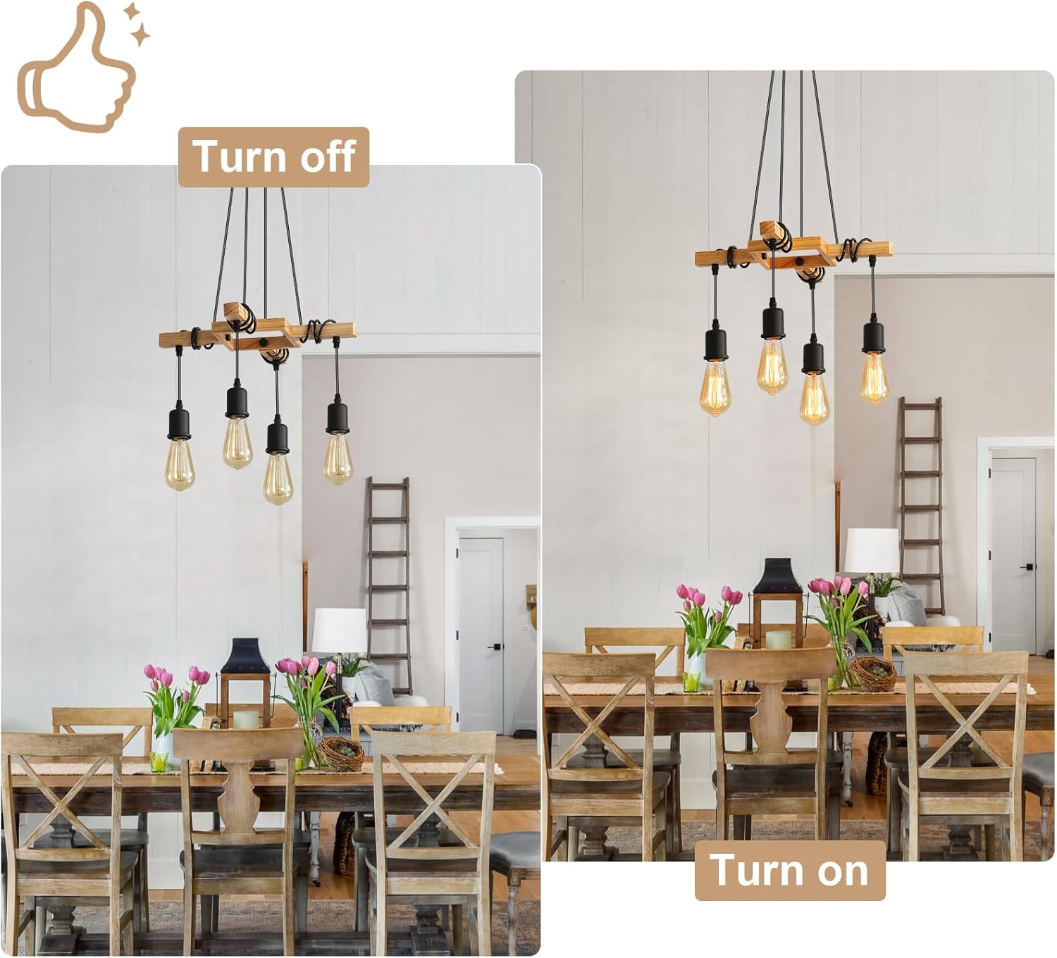 COMELY Suspension Industrielle Bois et Noir 4 Lumières E27, Lustre Vintage Réglable en Hauteur pour Salon Salle à Manger Cuisine - 6