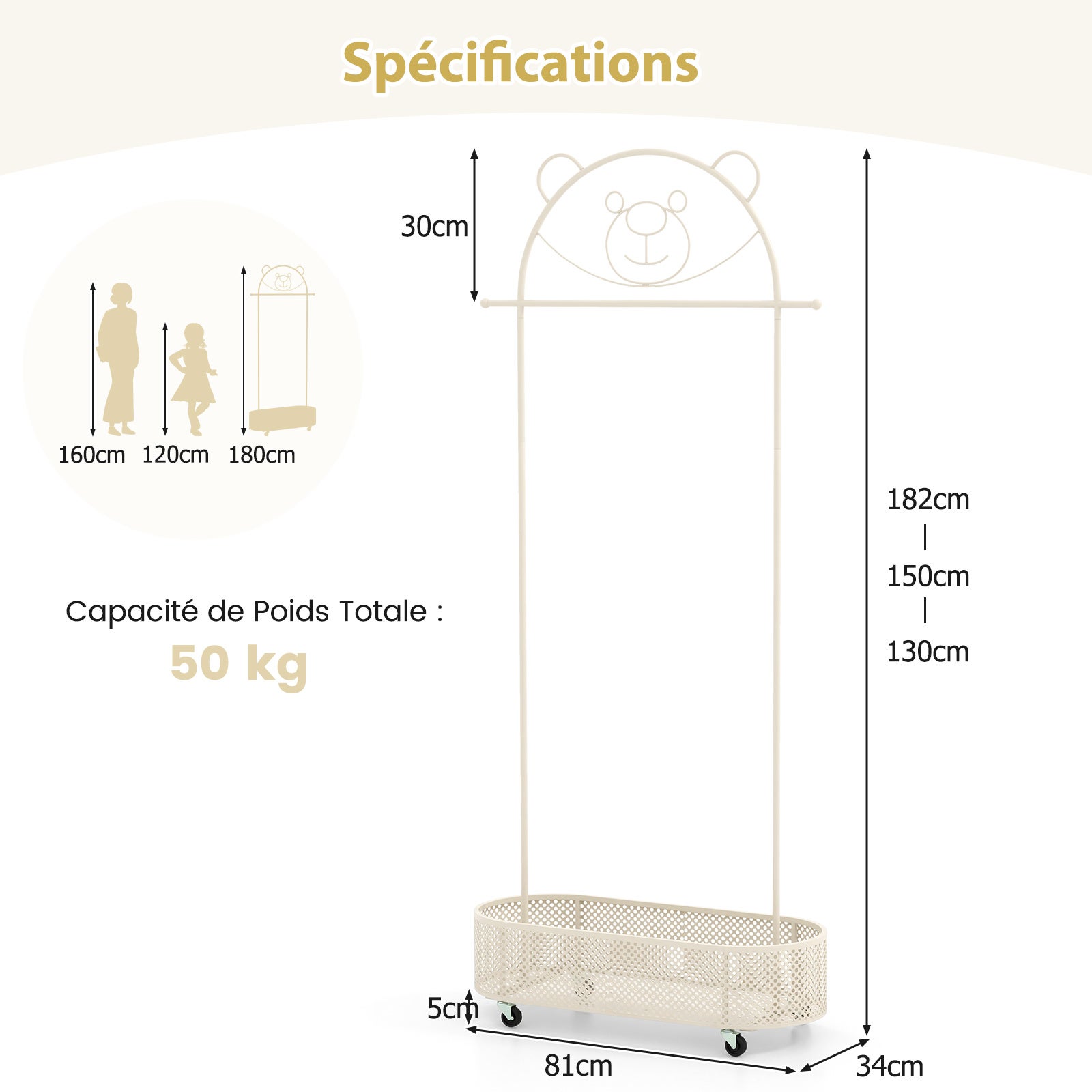 Portant à Vêtements Enfant en Forme d'Ours avec 3 Hauteurs Réglables, Garde-Robe Enfant en Métal avec Panier Inférieur Chambre d'enfant, Beige - 2