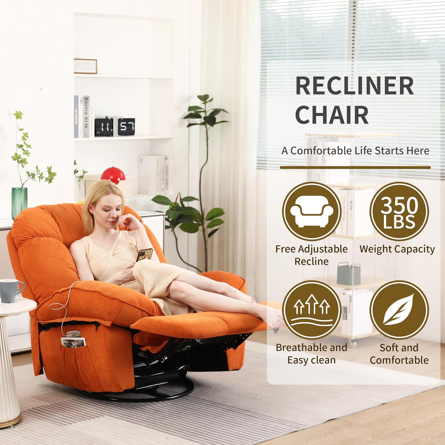 Fauteuil inclinable de Relaxation électrique, Chaise de Loisirs Fonction de Chauffage de Vibration, Connecteur Type C & USB(Orange) - 4
